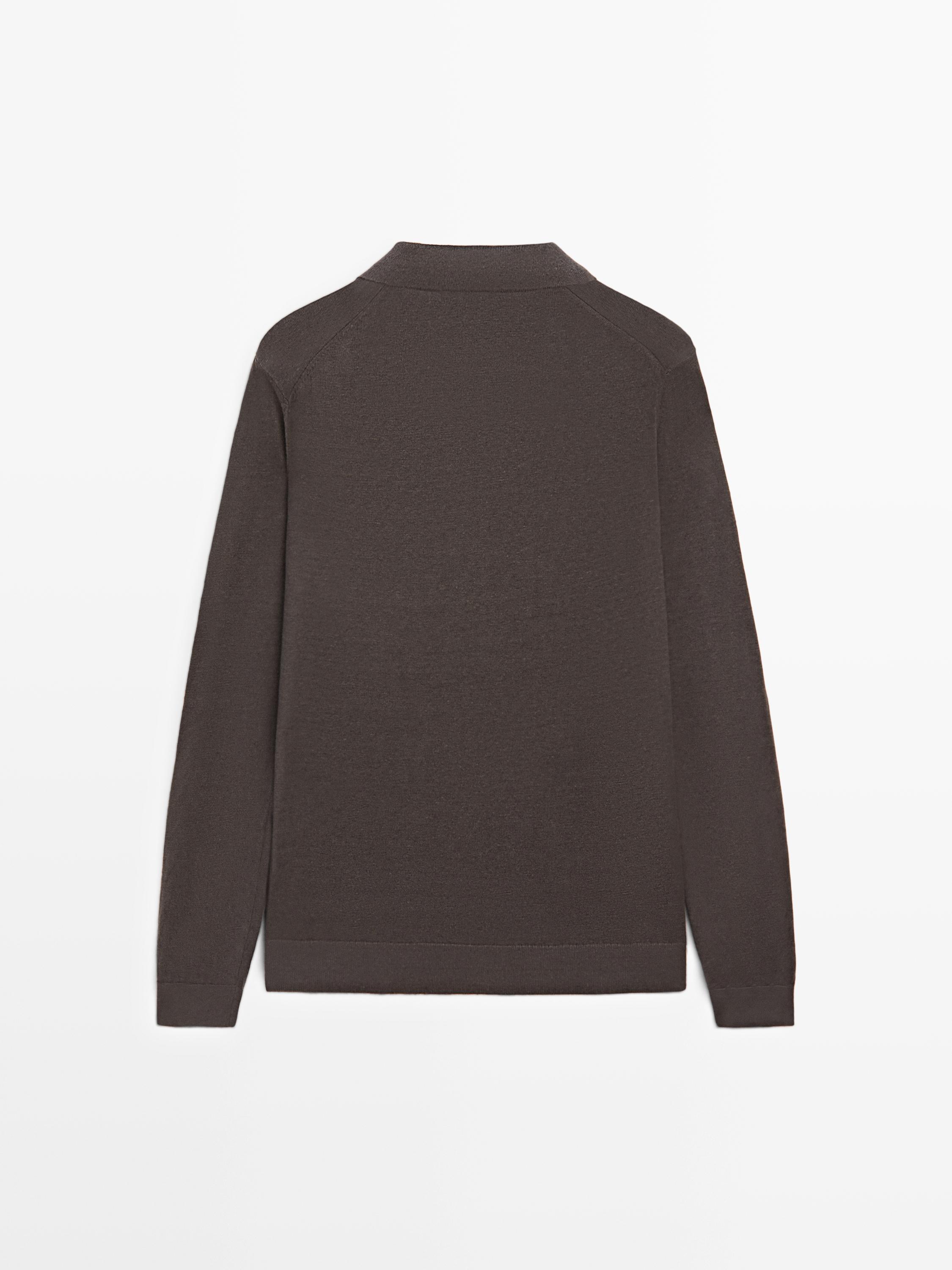 100% linen knit polo collar sweater — DARK BOTTLE GREEN