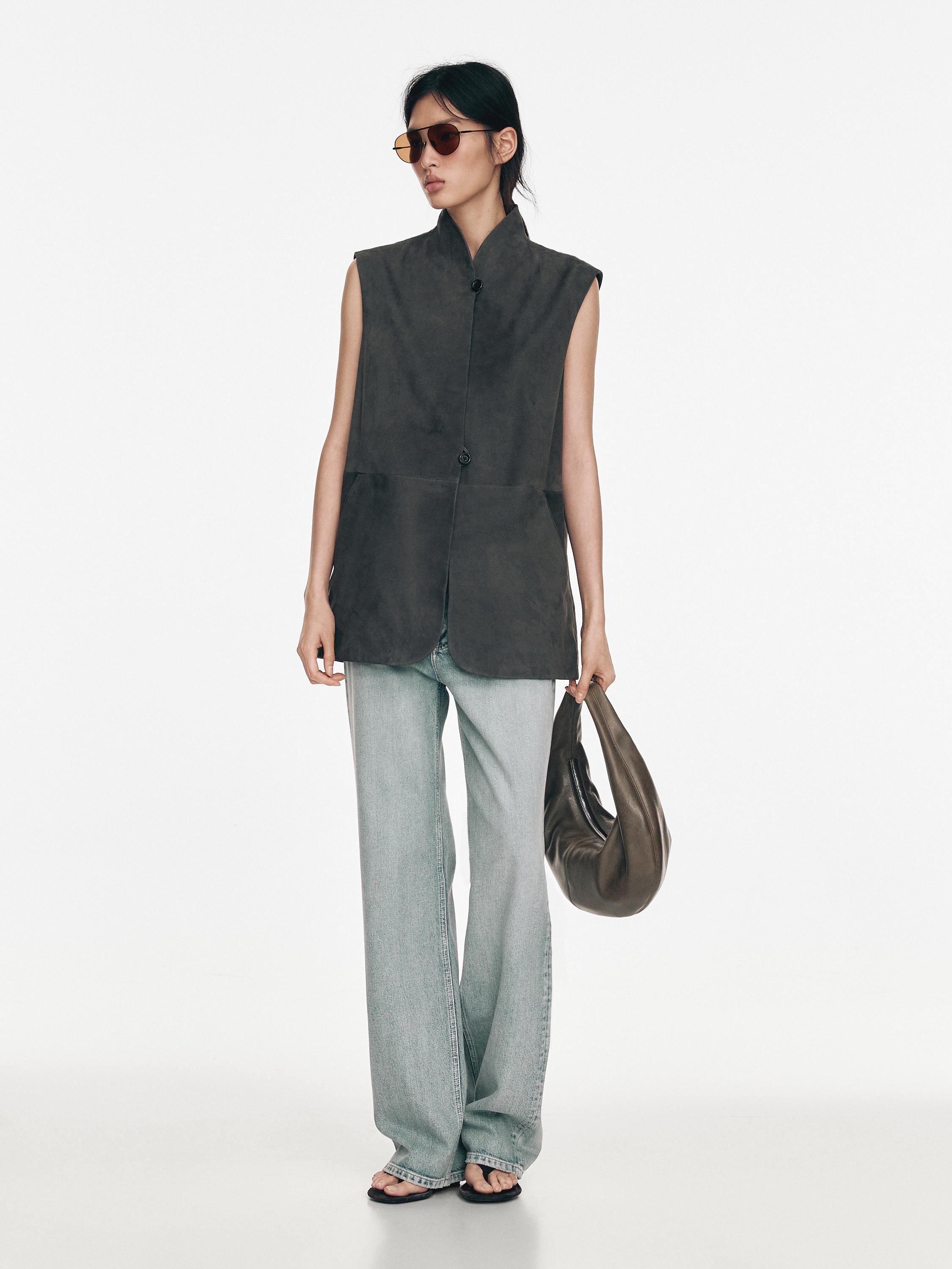 Leather waistcoat with velvety finish — MOLE BROWN