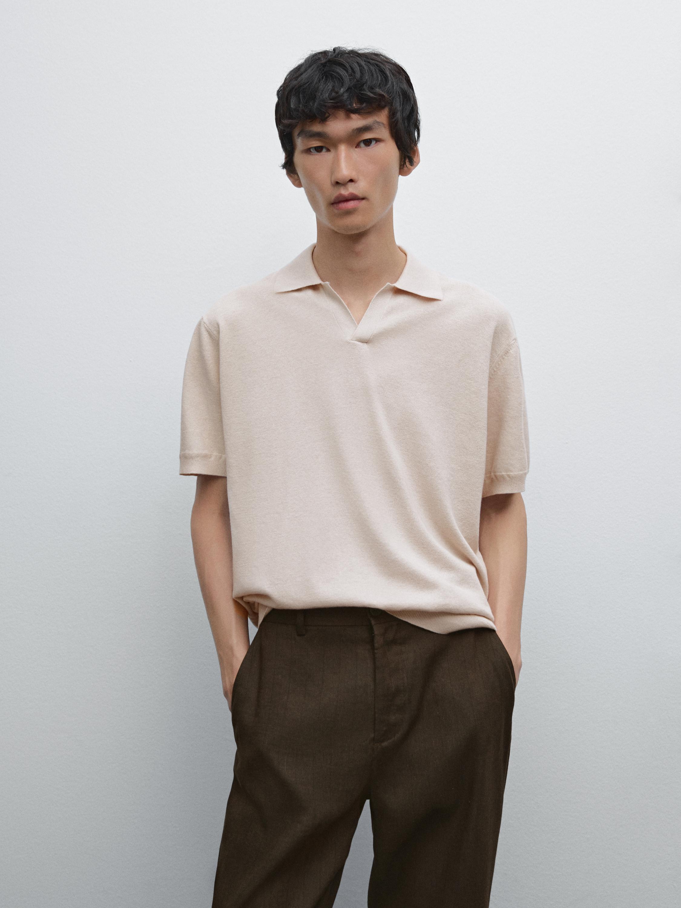Linen blend knit V-neck polo shirt