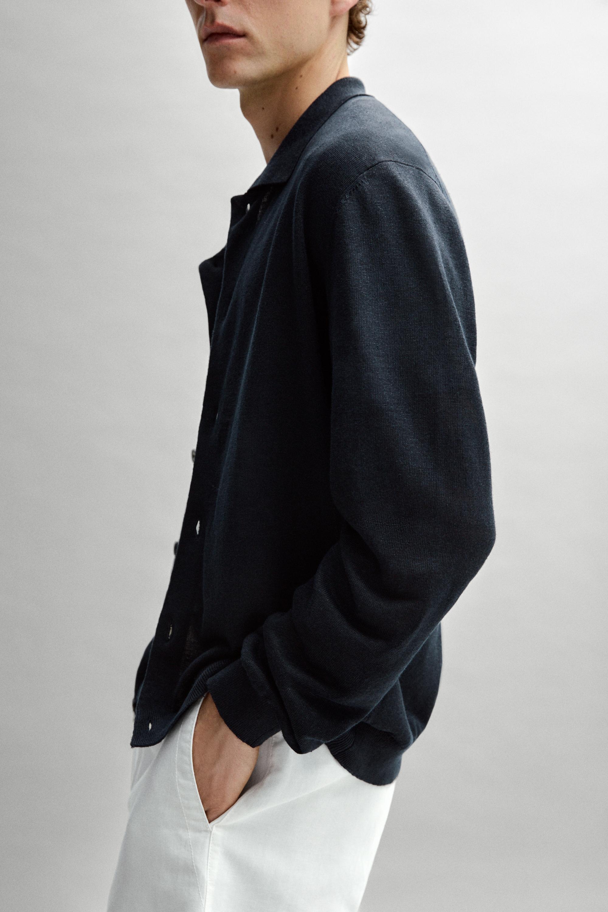 Linen knit cardigan with buttons — NAVY BLUE