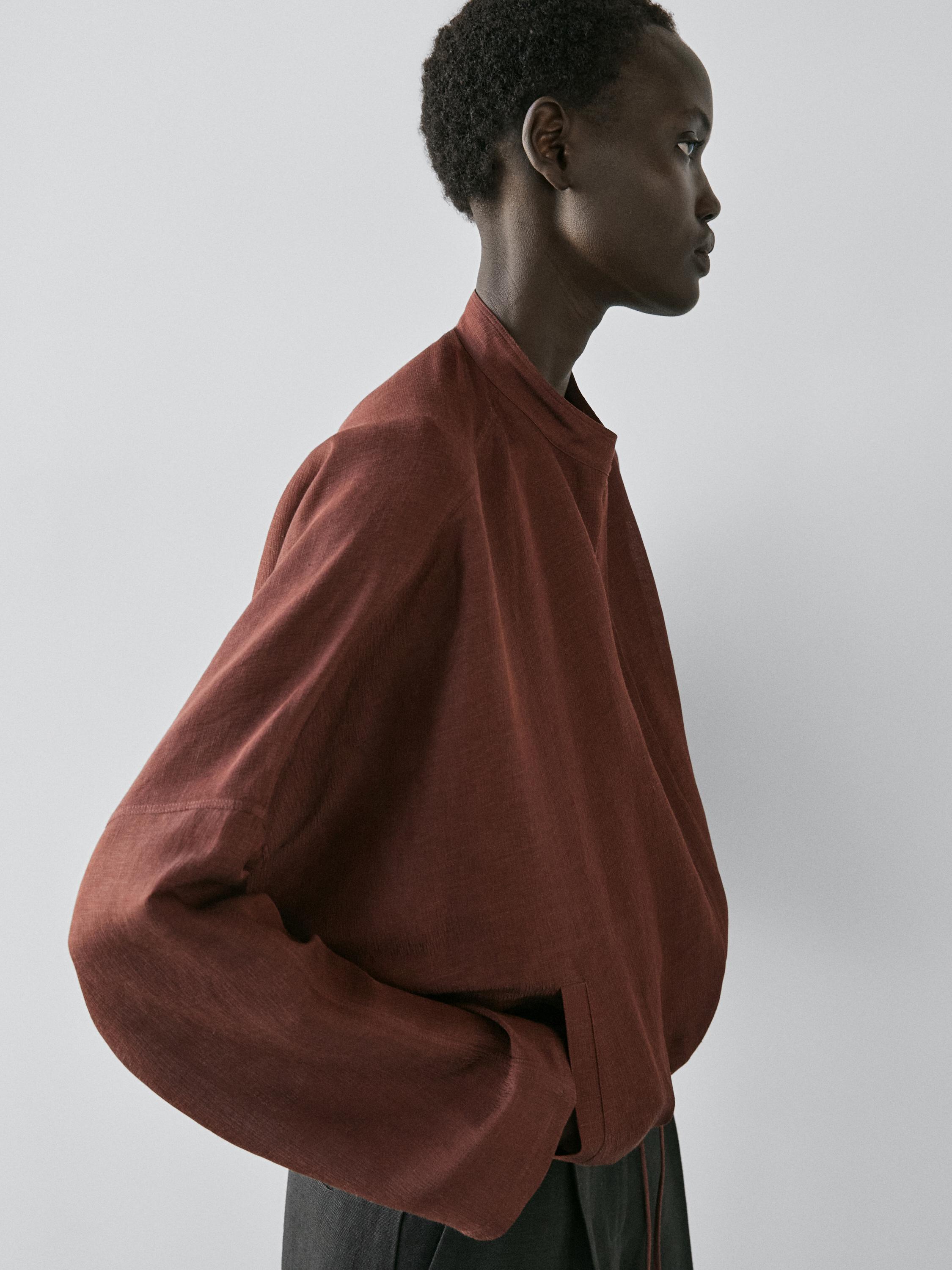 Linen blend bomber jacket — BROWN
