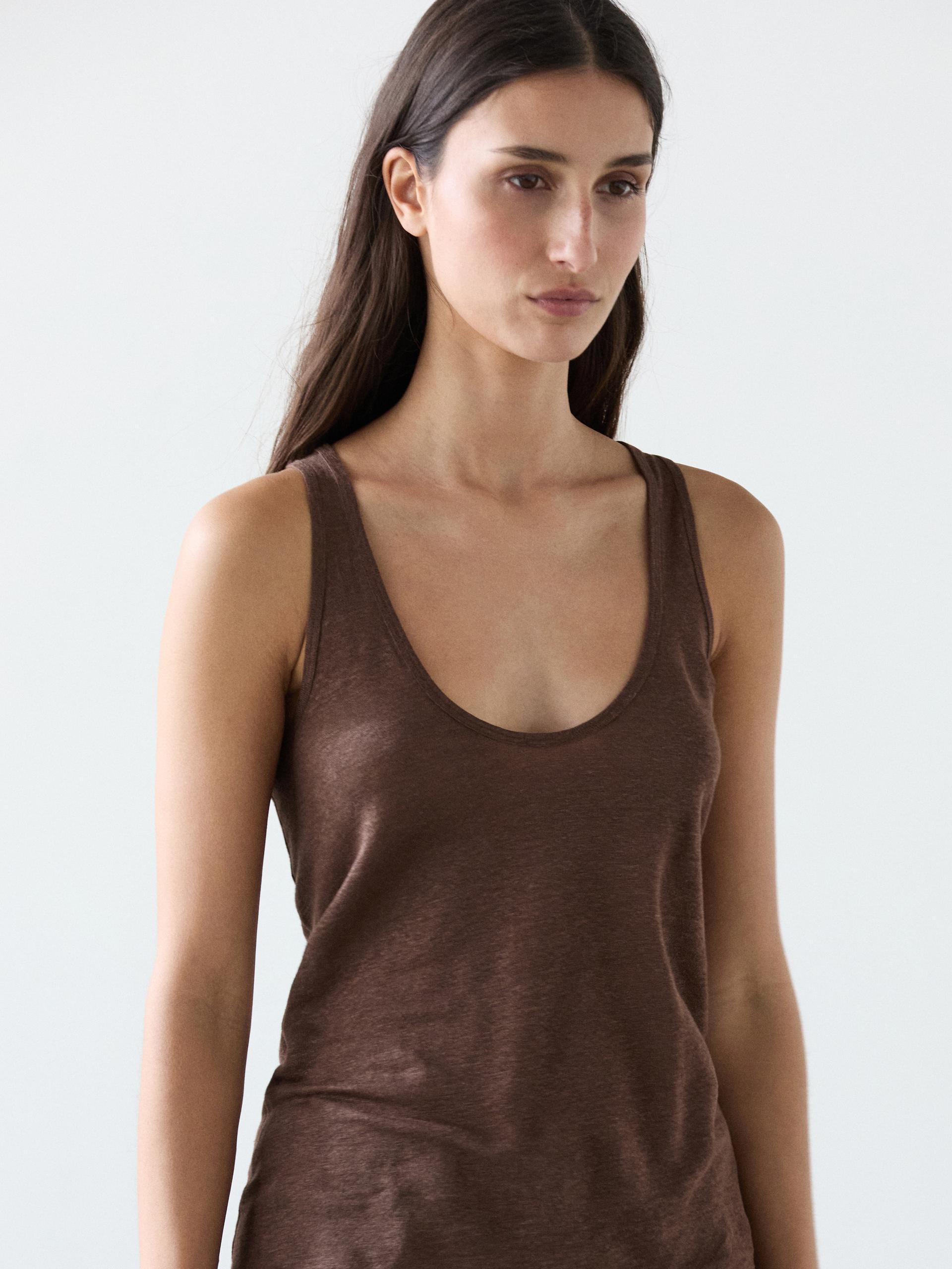 Top Con Spalline 100% Lino - Cioccolato - Xs - Massimo Dutti - Femminile