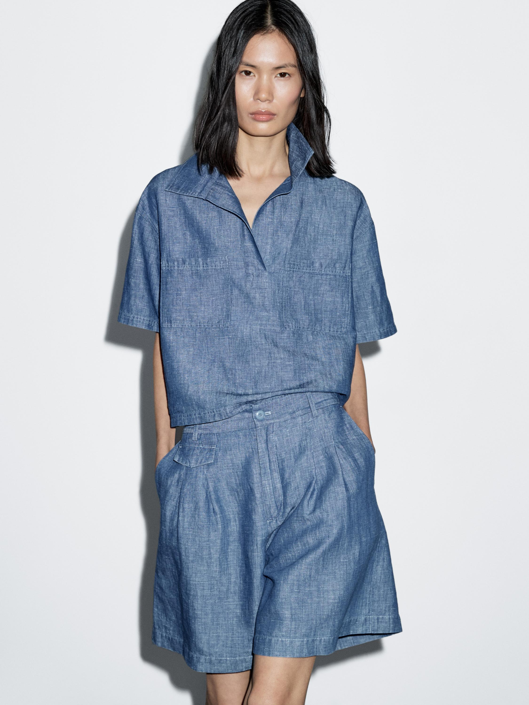 Cotton and linen Bermuda shorts with pocket detail