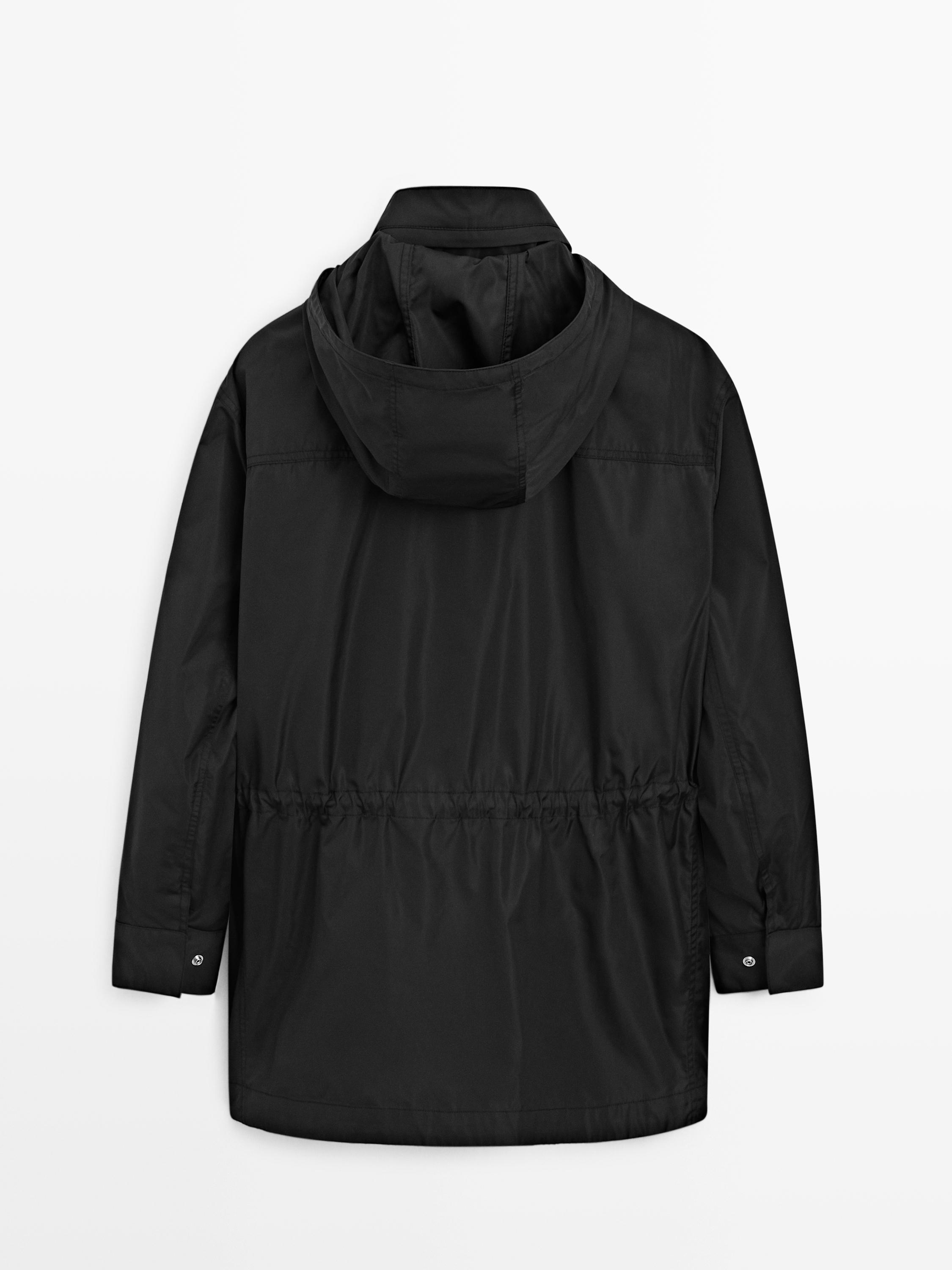 Hooded parka with fabric detail — BLACK