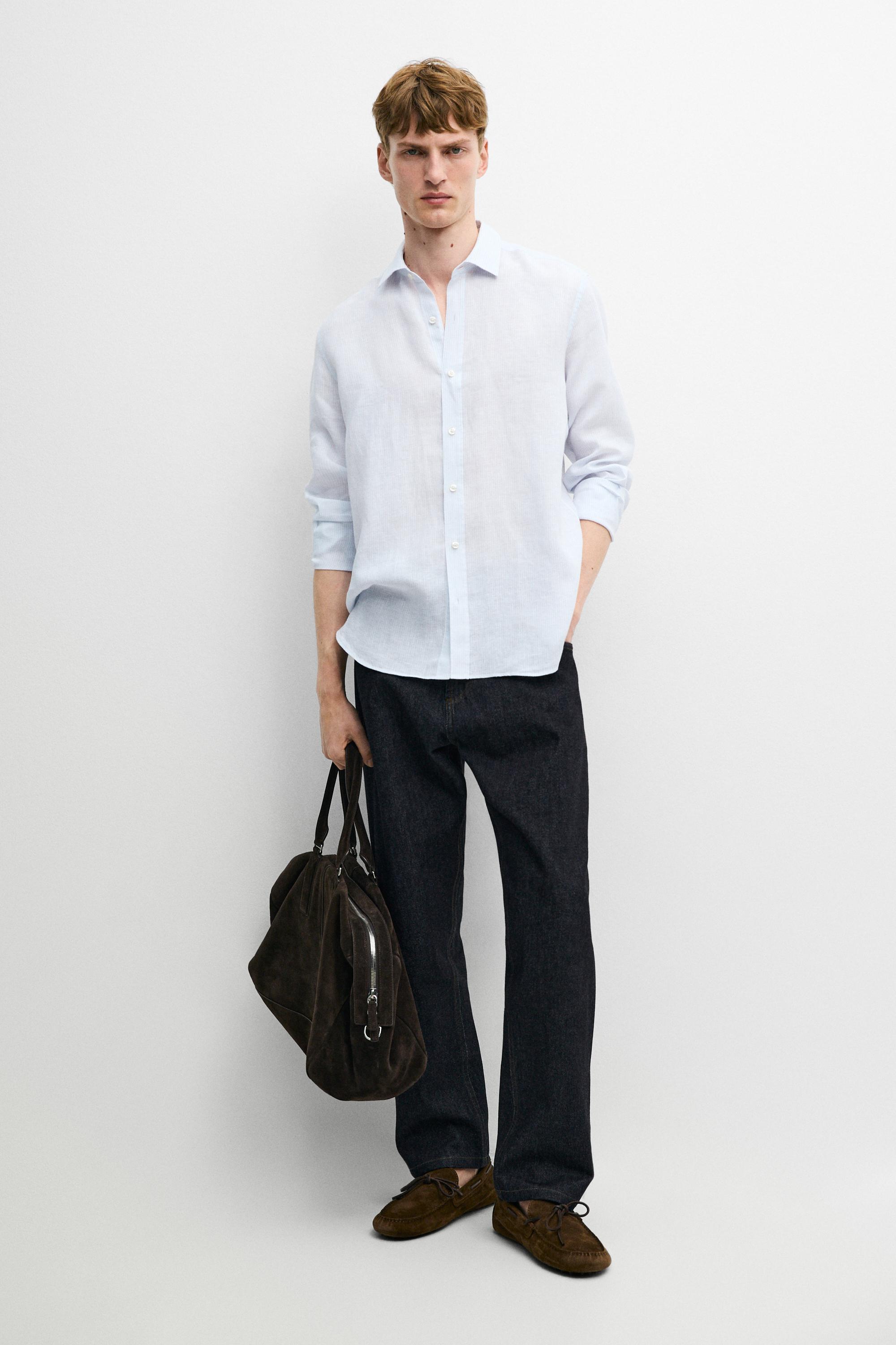 Striped slim fit linen shirt — Sky blue