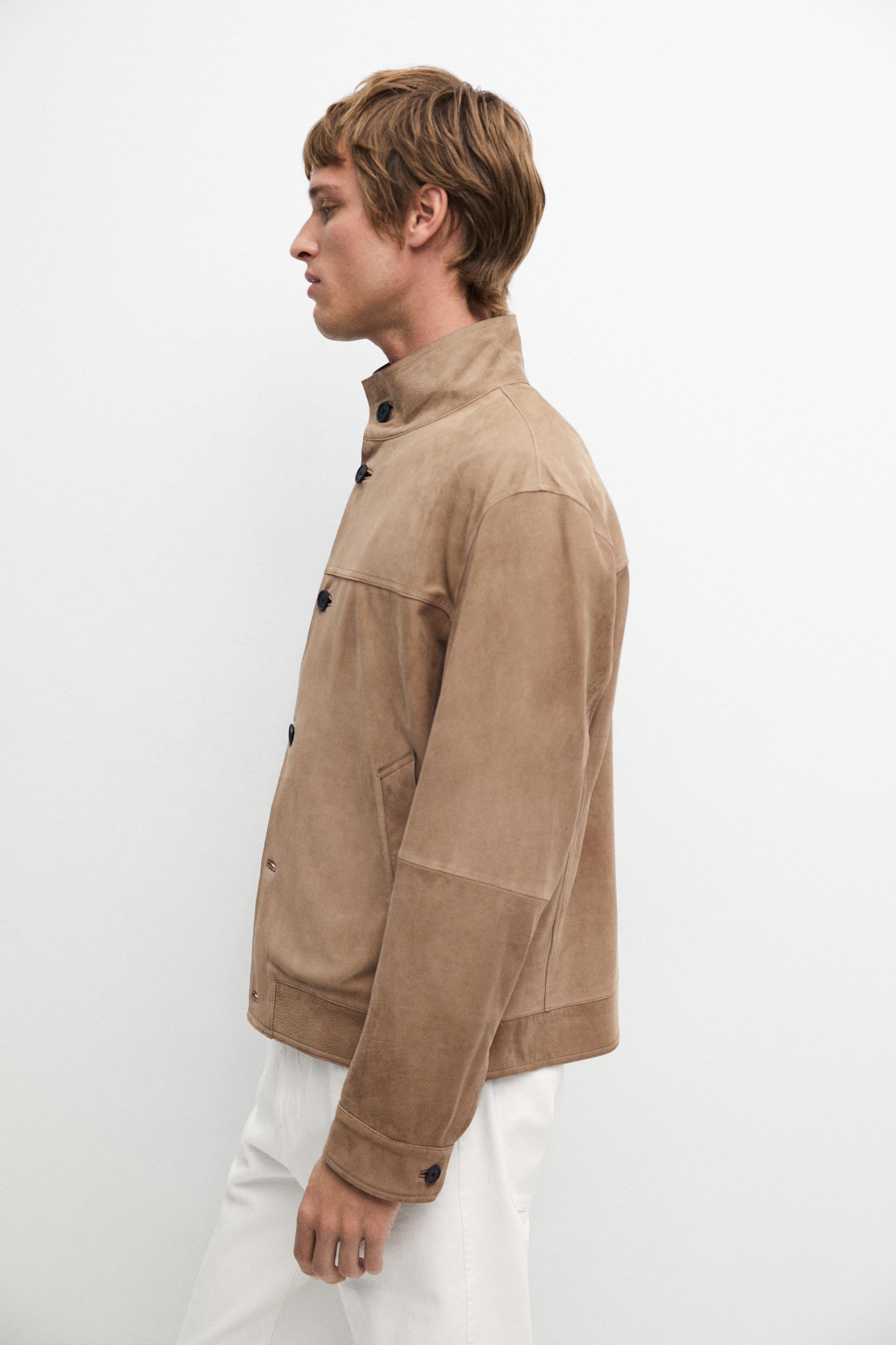 Nubuck leather jacket with stand-up collar — BEIGE