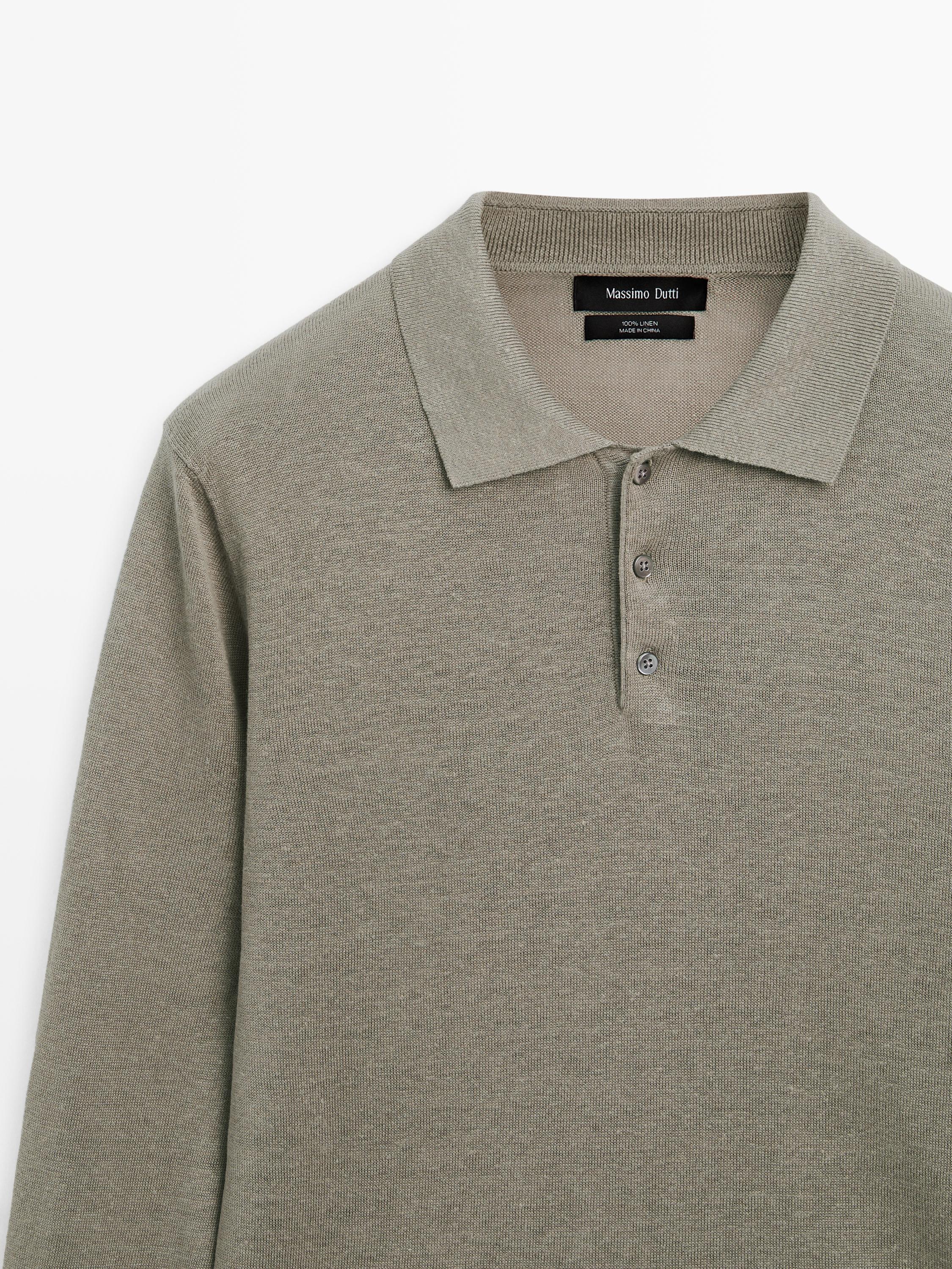 100% linen knit polo collar sweater — PALE KHAKI