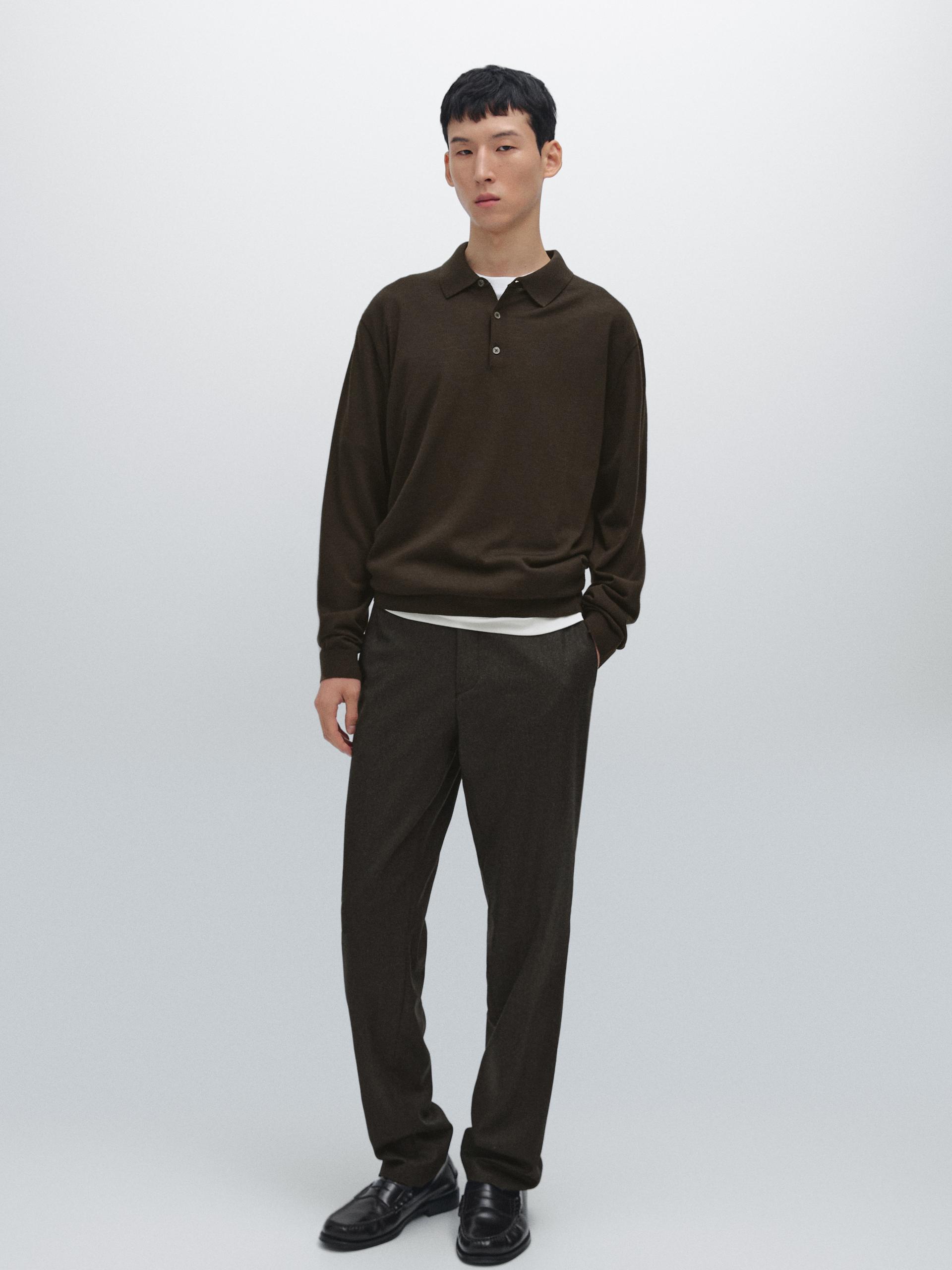 Camisola Tipo Polo De Malha 100% Fazenda Merino - Castanho - M - Massimo Dutti - Homem