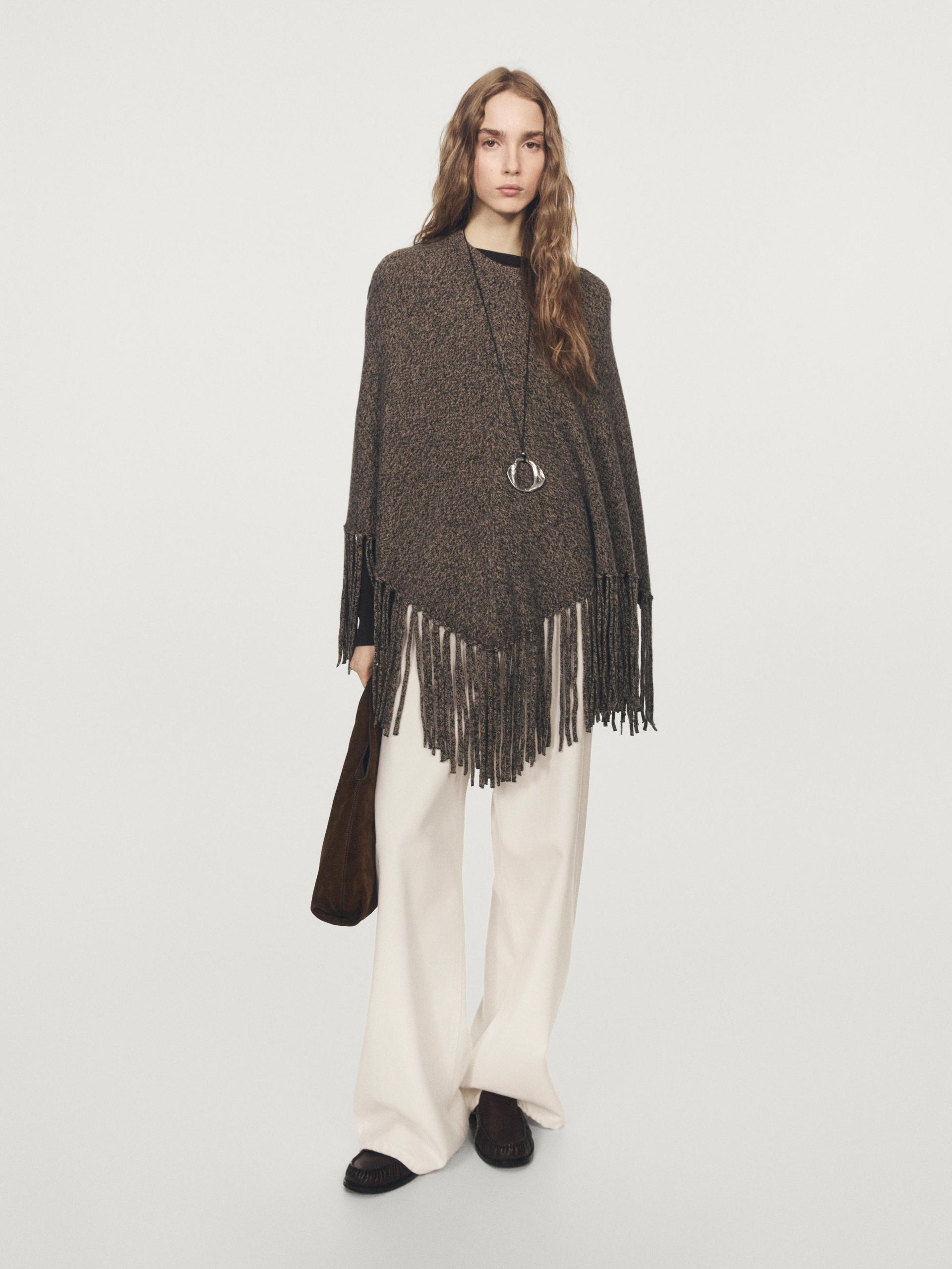 Massimo Dutti Wool Blend Mouliné Knit Cape With Fringing In Multi