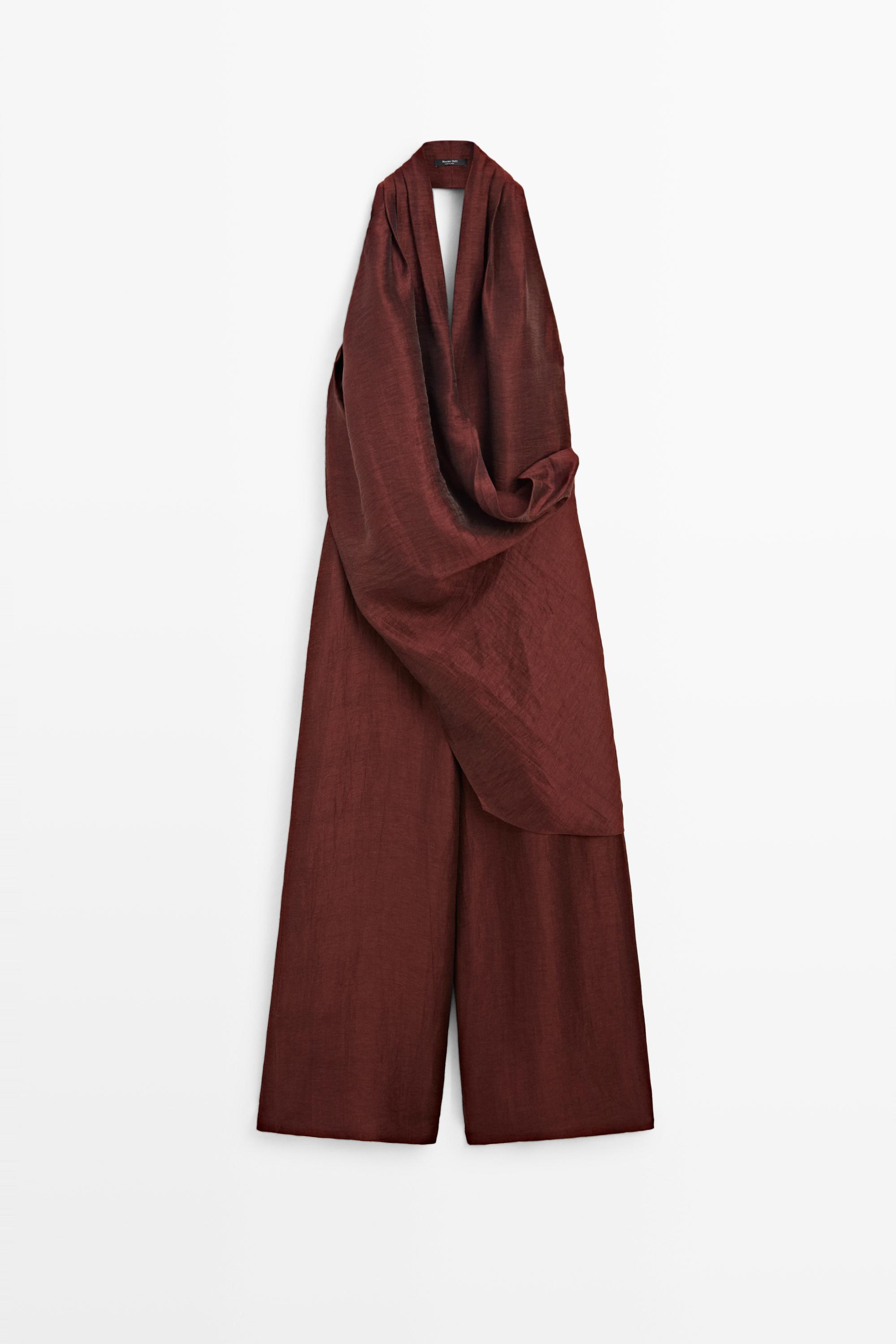 Flowing draped halter neck jumpsuit — BURGUNDY