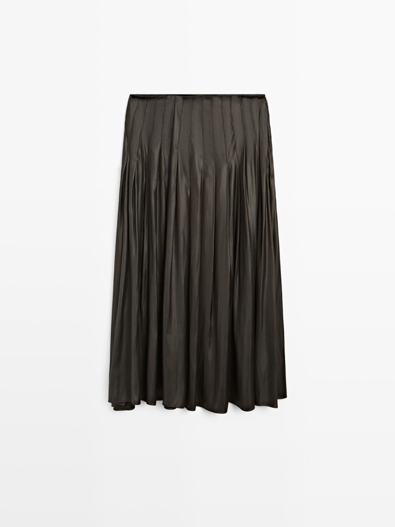 Massimo Dutti - Dame - Plisseret Midi-Nederdel Med Voksbehandlet Finish - Grøn - 40