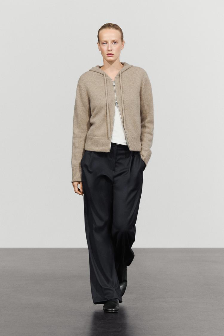 100% cashmere hooded zip-up cardigan — BEIGE