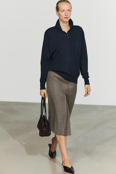 100% wool check midi skirt with pleat detail — GREY 5