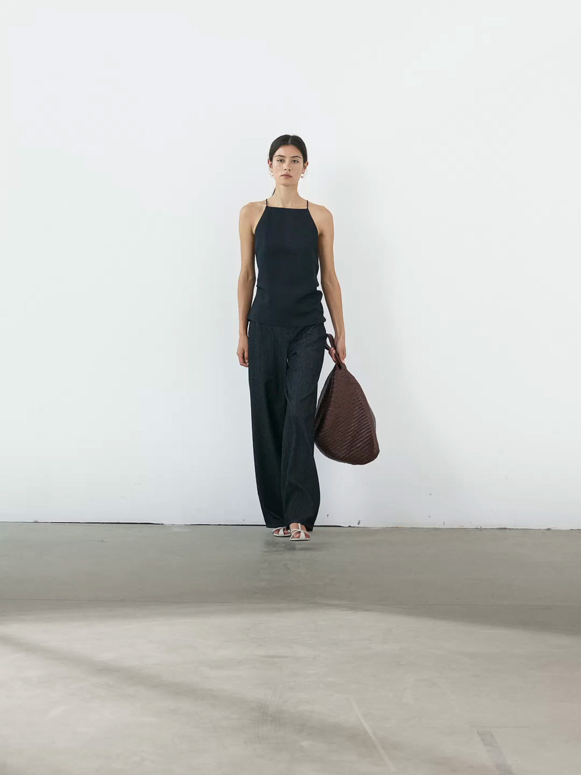 Linen blend halter top with straight neckline