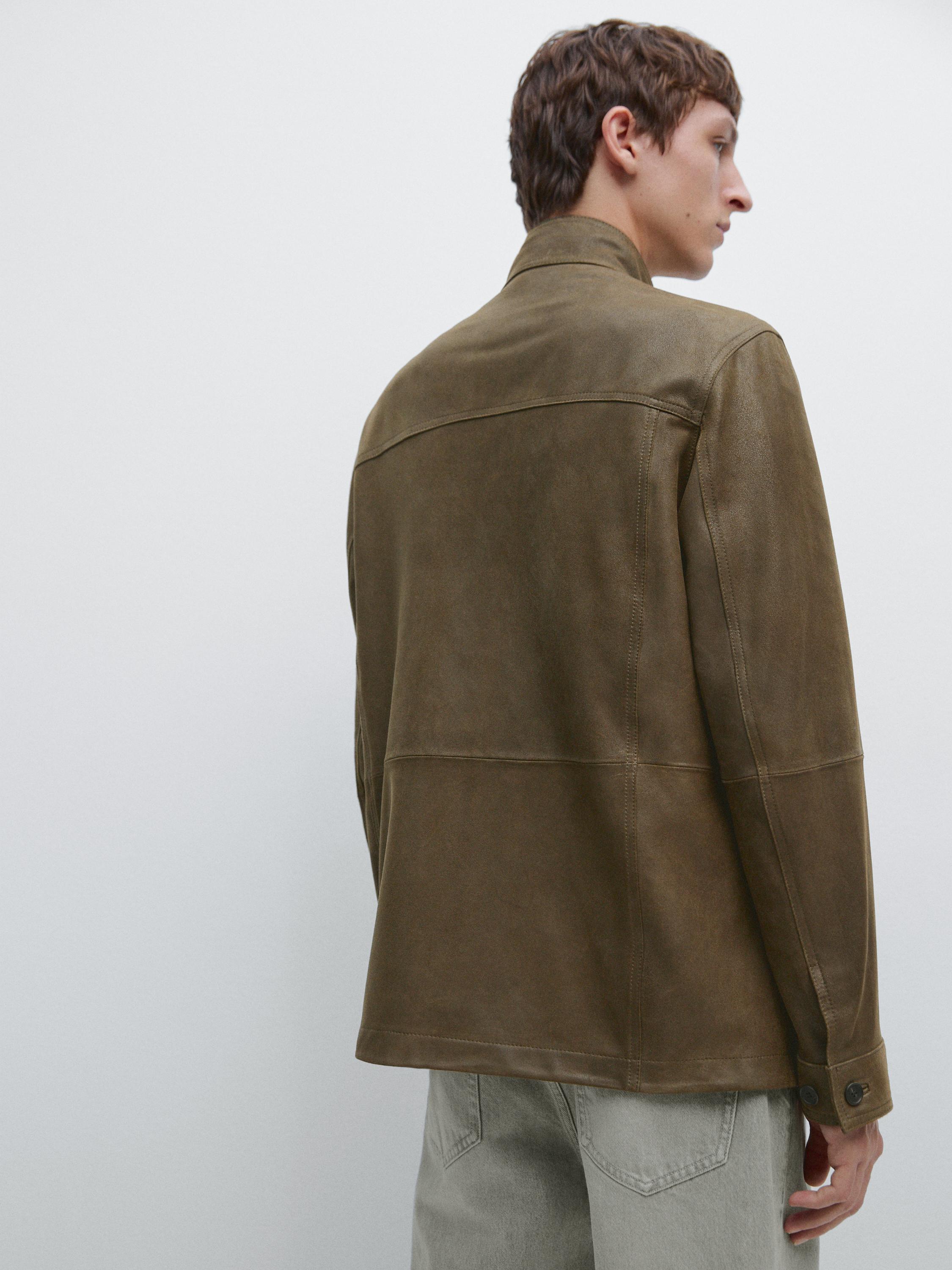 Distressed-effect goatskin leather jacket — KHAKI