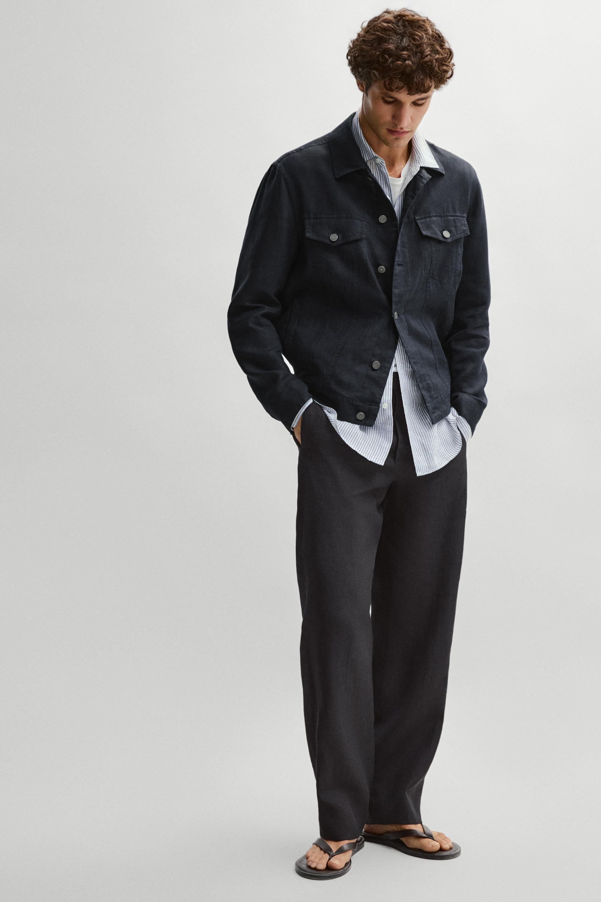 100% linen trucker jacket — NAVY BLUE