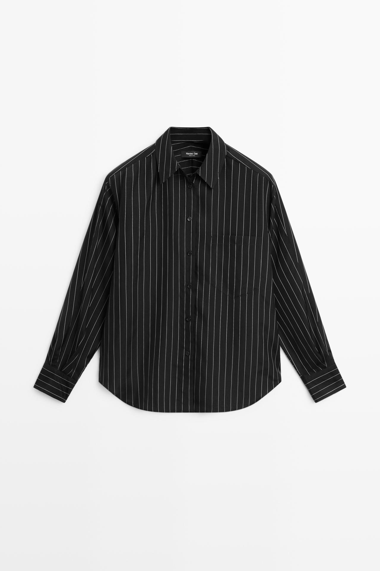 Striped flowing shirt with pocket detail — BLACK