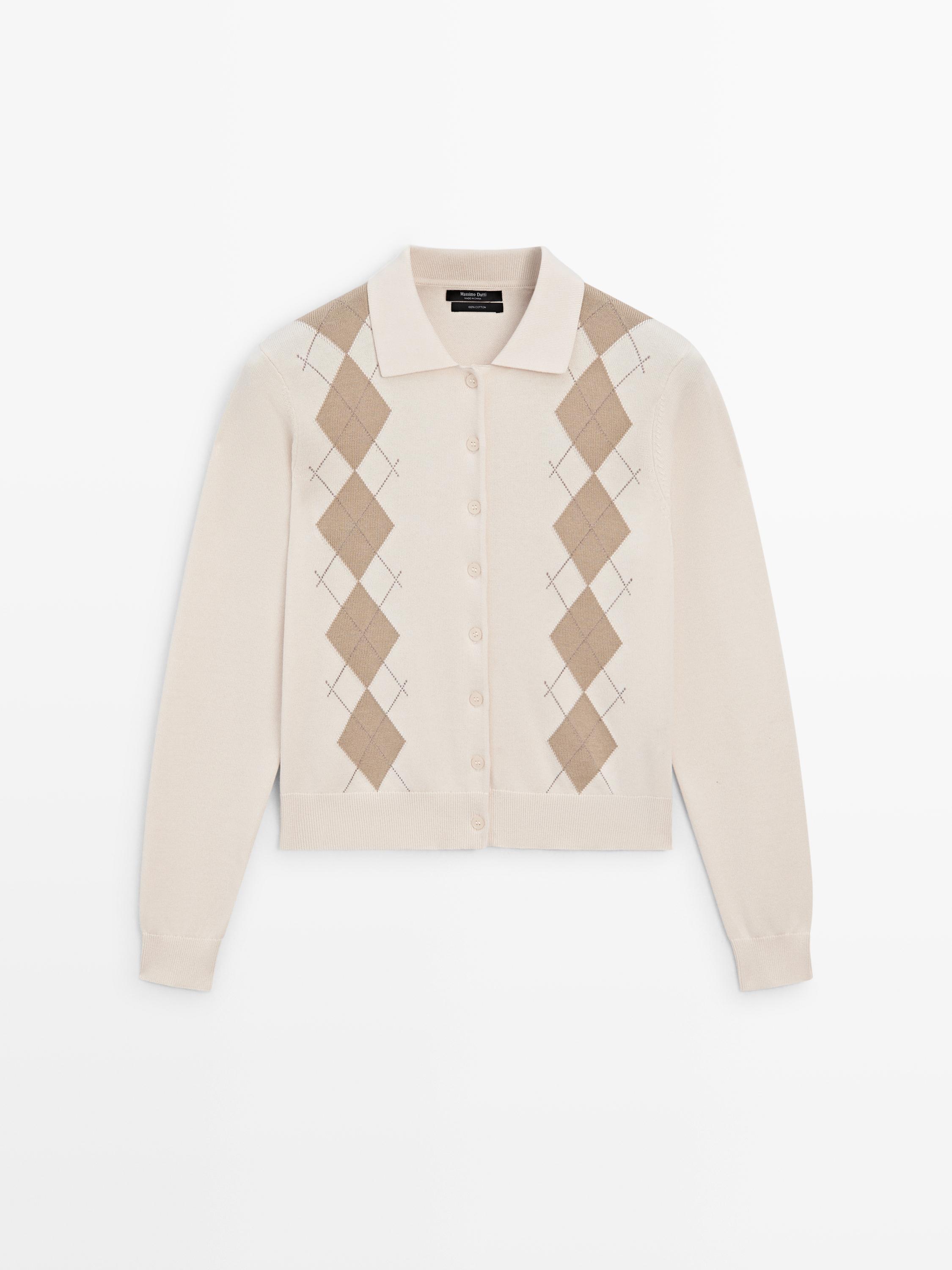 Argyle knit cardigan with polo collar
