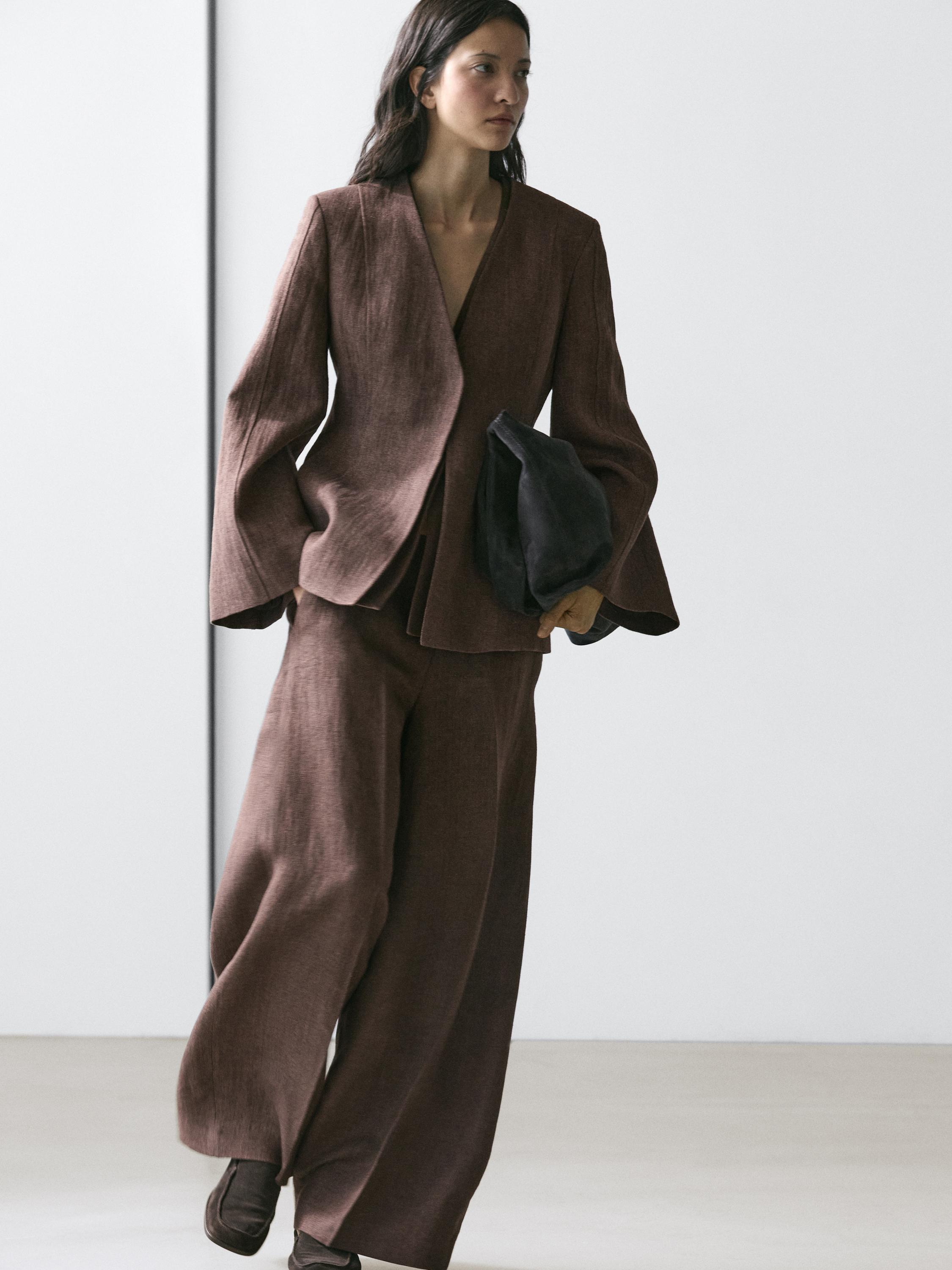 100% linen lapelless blazer — BROWN