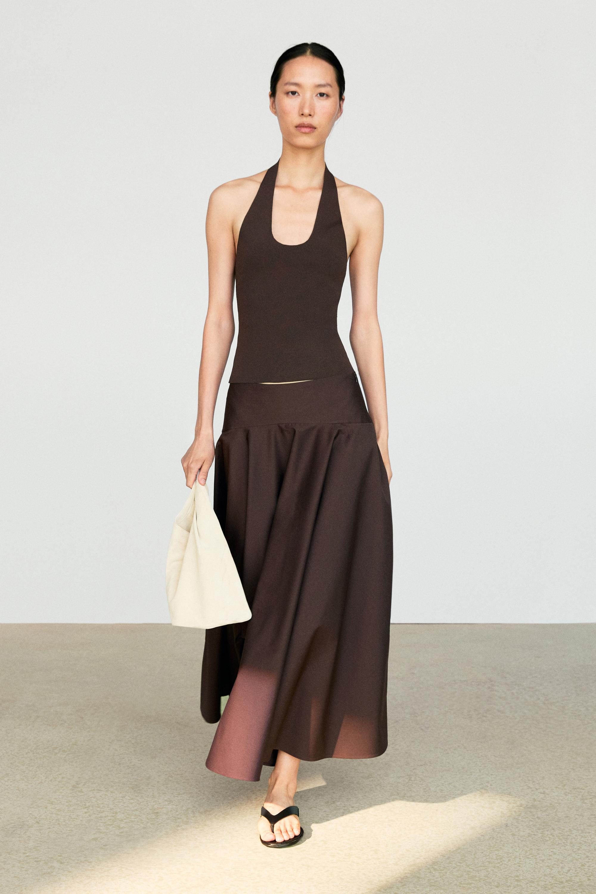 Flounce midi skirt with yoke detail — BROWN