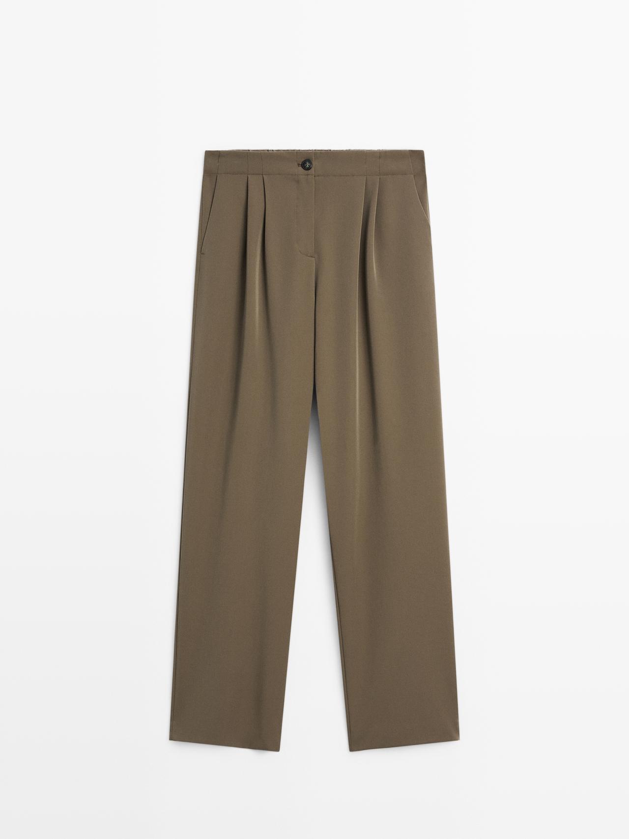 Massimo Dutti - Dames - Soepelvallende Broek Met Wijde Pijpen En Bandplooi - Molbruin - 38
