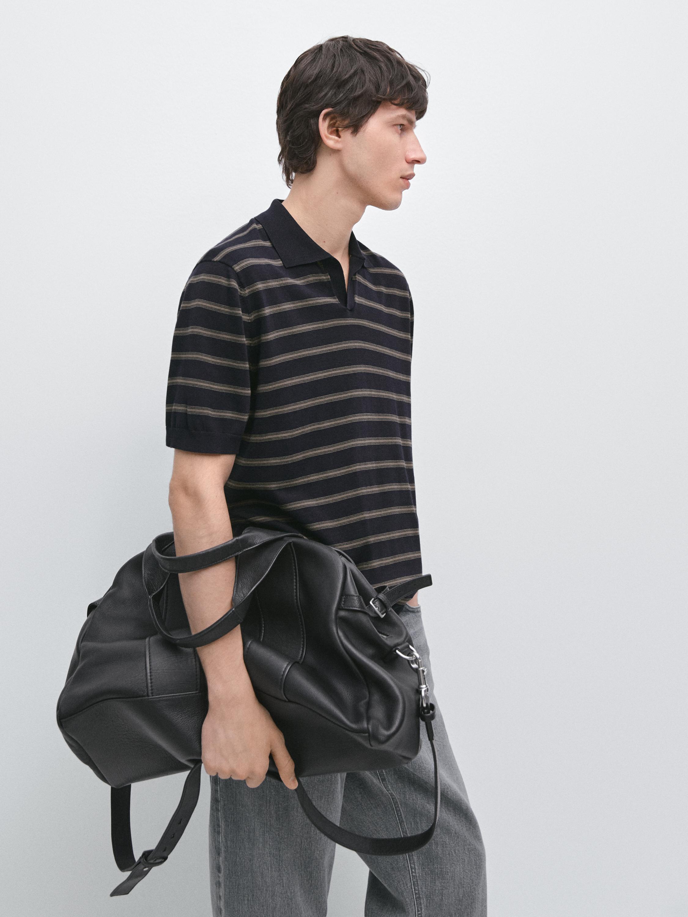 Knit polo sweater with contrast stripes