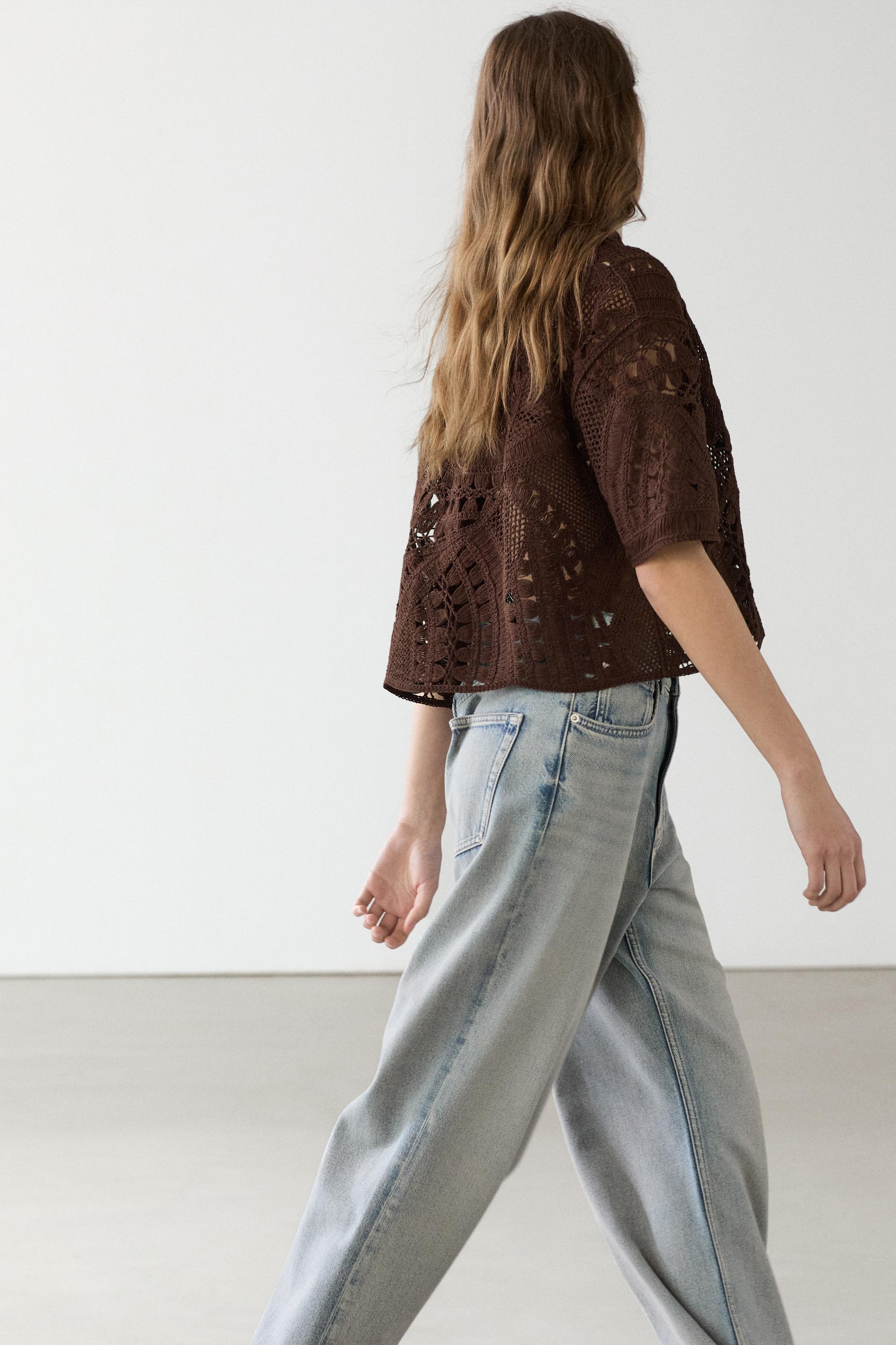 Cotton blend crochet polo T-shirt — BROWN