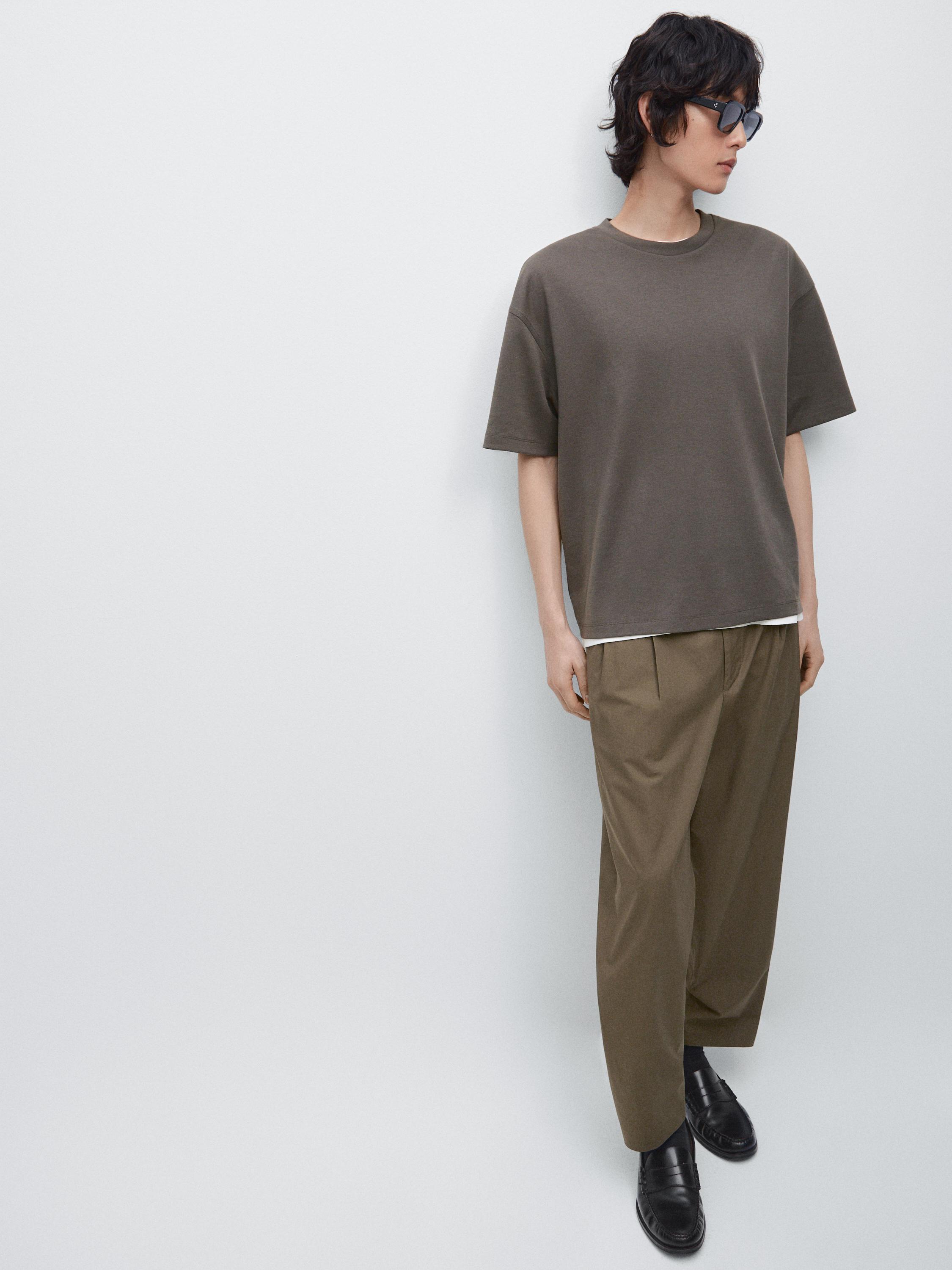 Boxy fit short sleeve cotton blend T-shirt — KHAKI