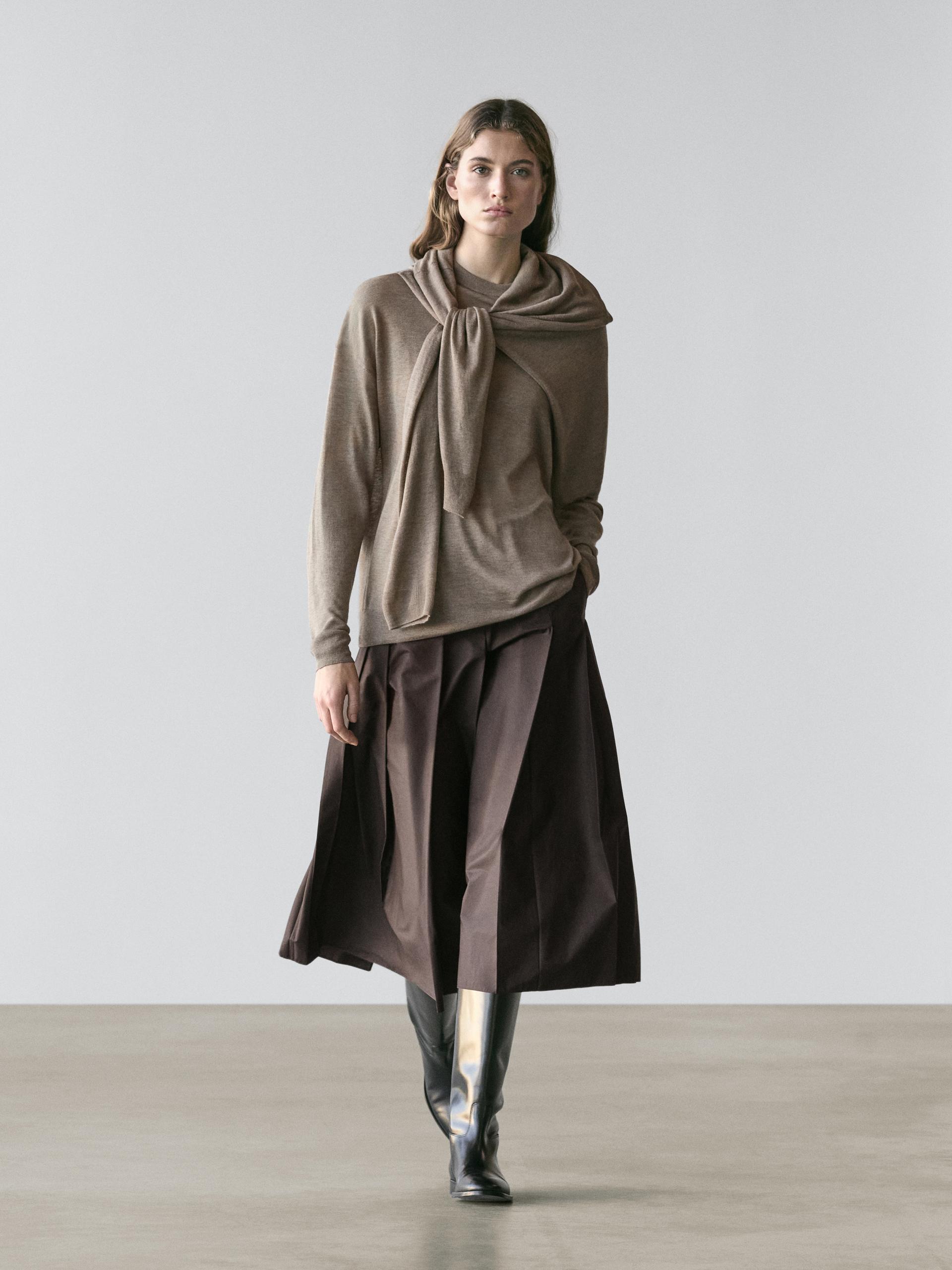 Dzianinowy Sweter Oversize Z Domieszką Wełny - Szarobrązowy - M - Massimo Dutti - Kobieta