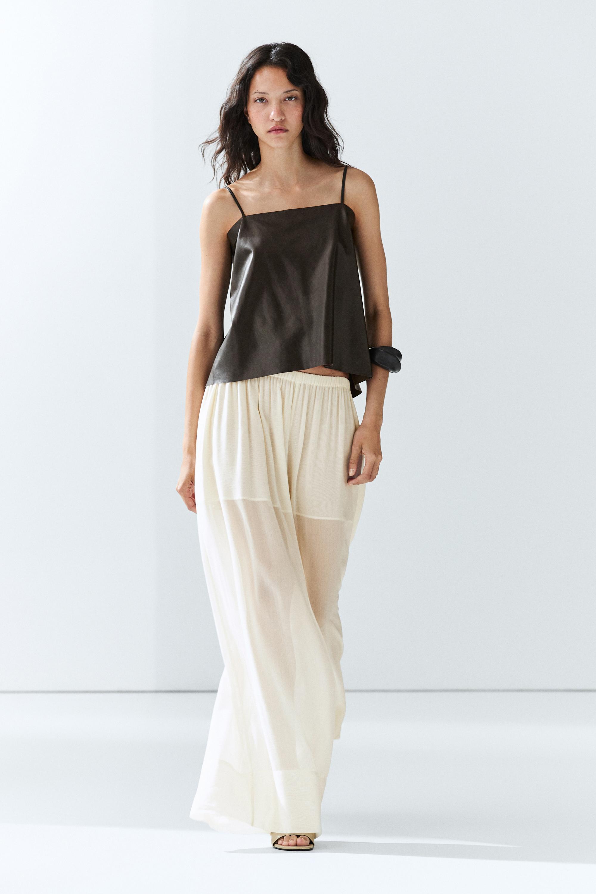 Nappa leather strappy top with back detail — BROWN