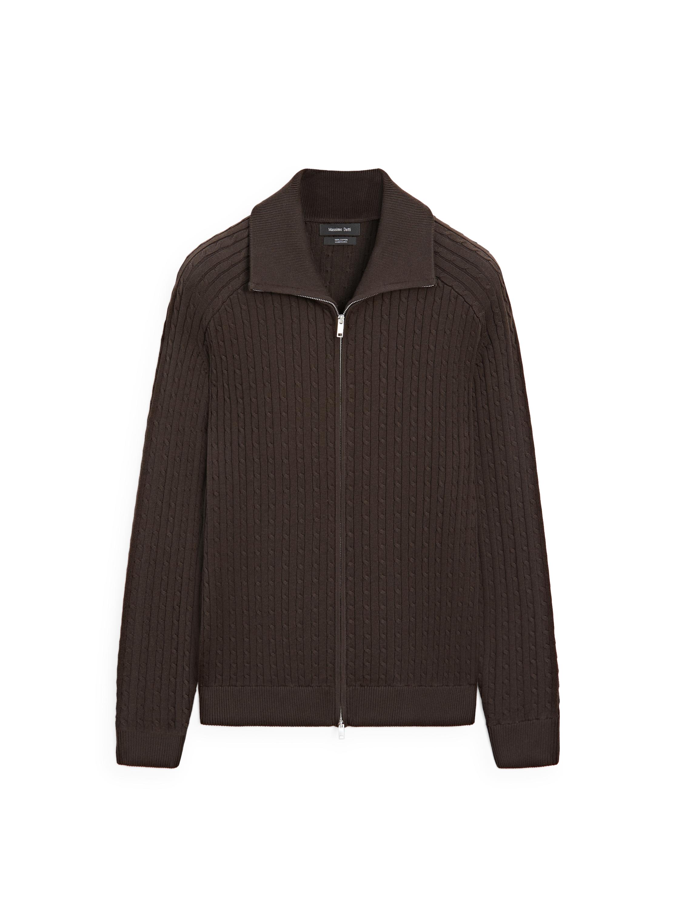 Cotton cable-knit cardigan with zip — BROWN MARL