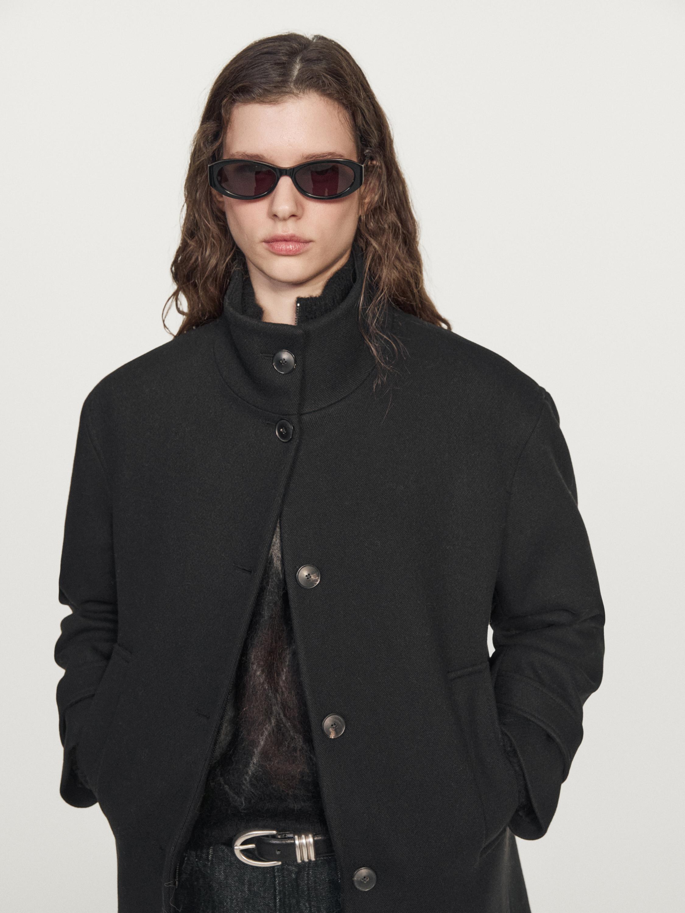 Wool blend high neck coat with button fastening — BLACK