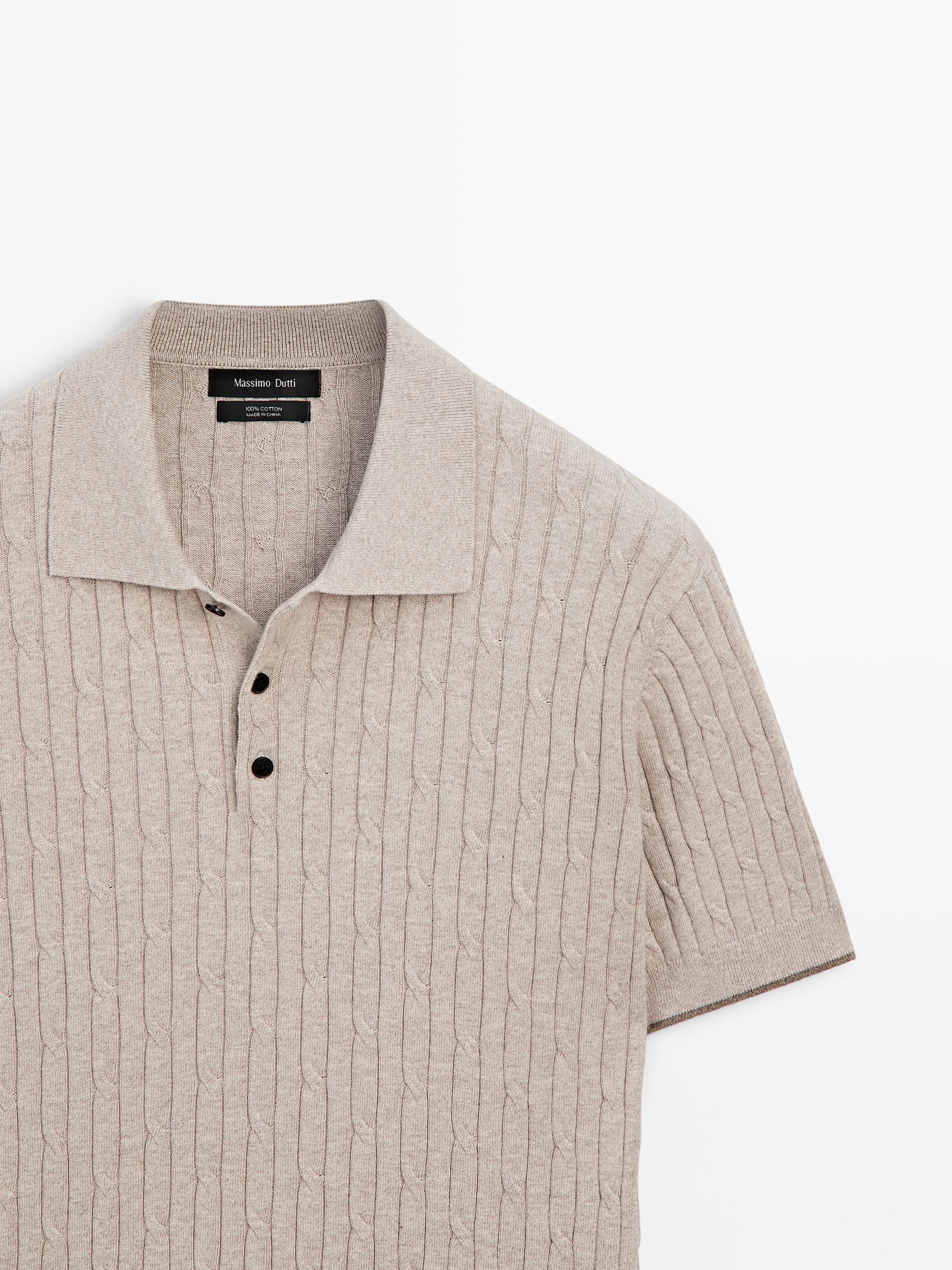Cotton blend cable-knit polo sweater — BEIGE
