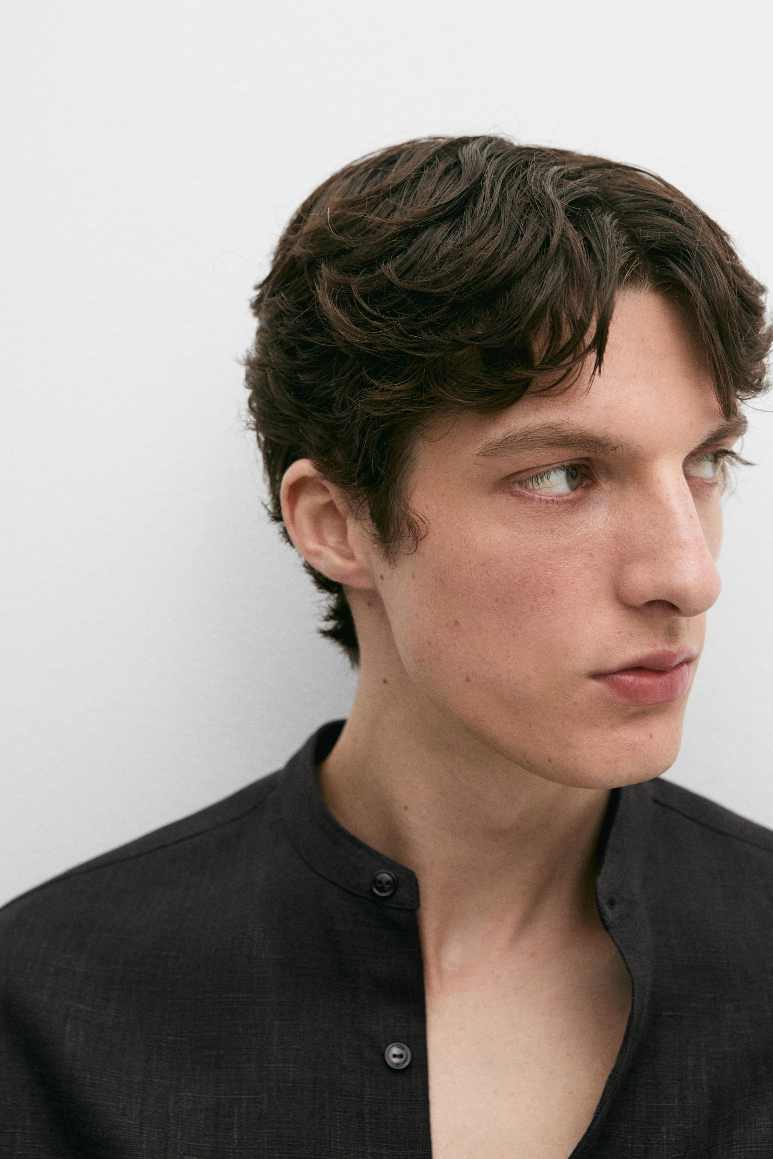 100% linen stand collar shirt — BLACK