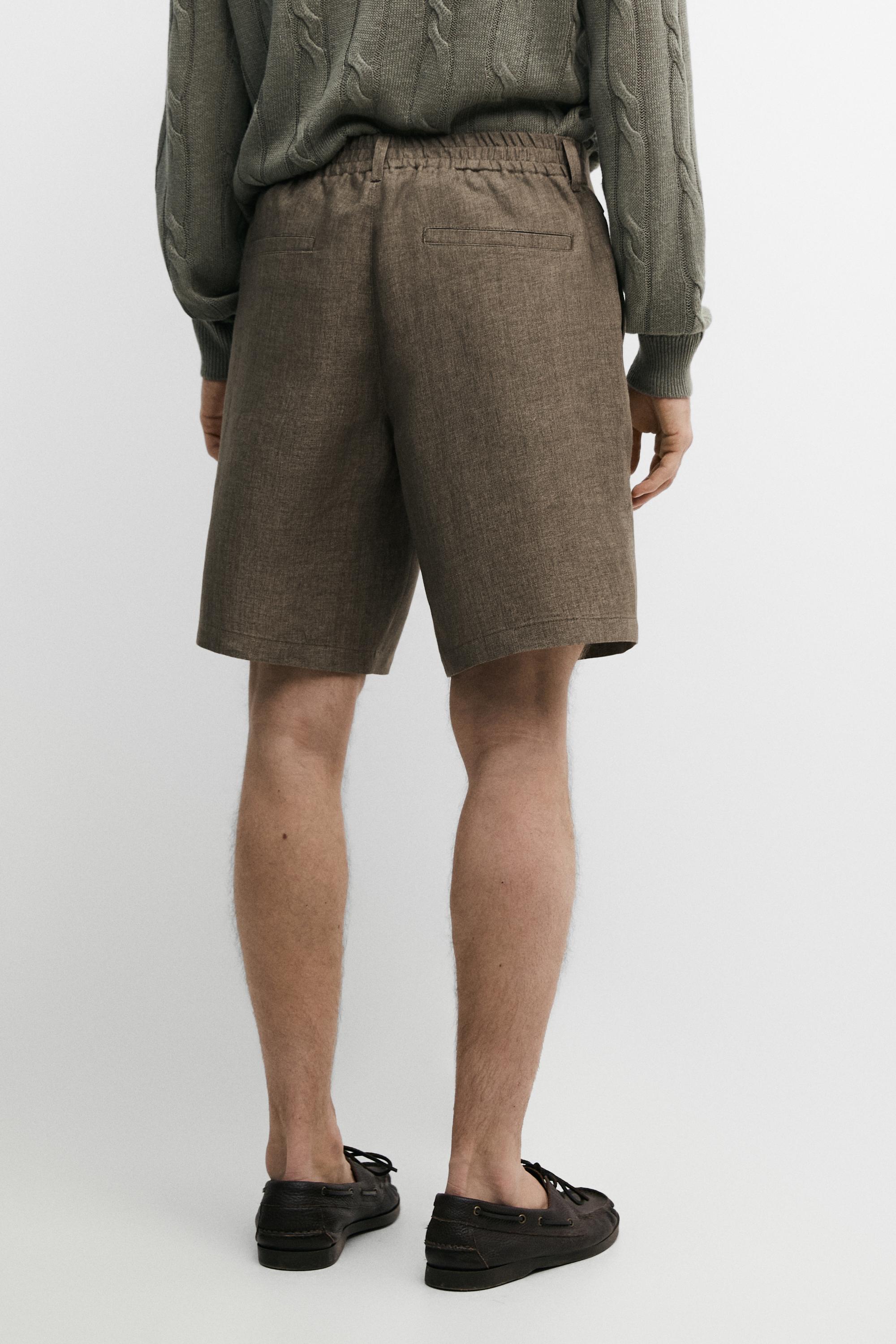 100% linen darted Bermuda shorts — Faded khaki