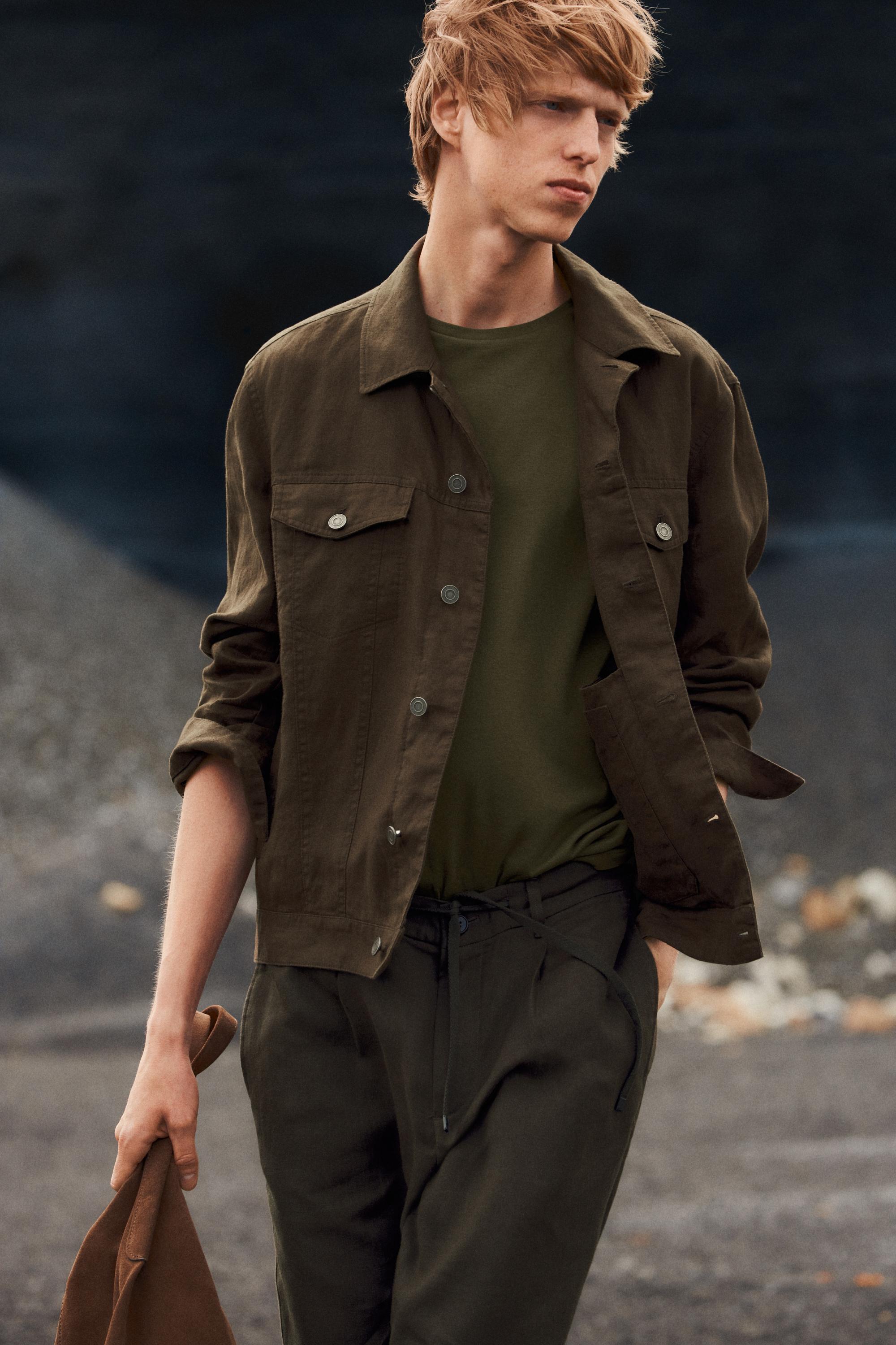 100% linen trucker jacket — DARK KHAKI