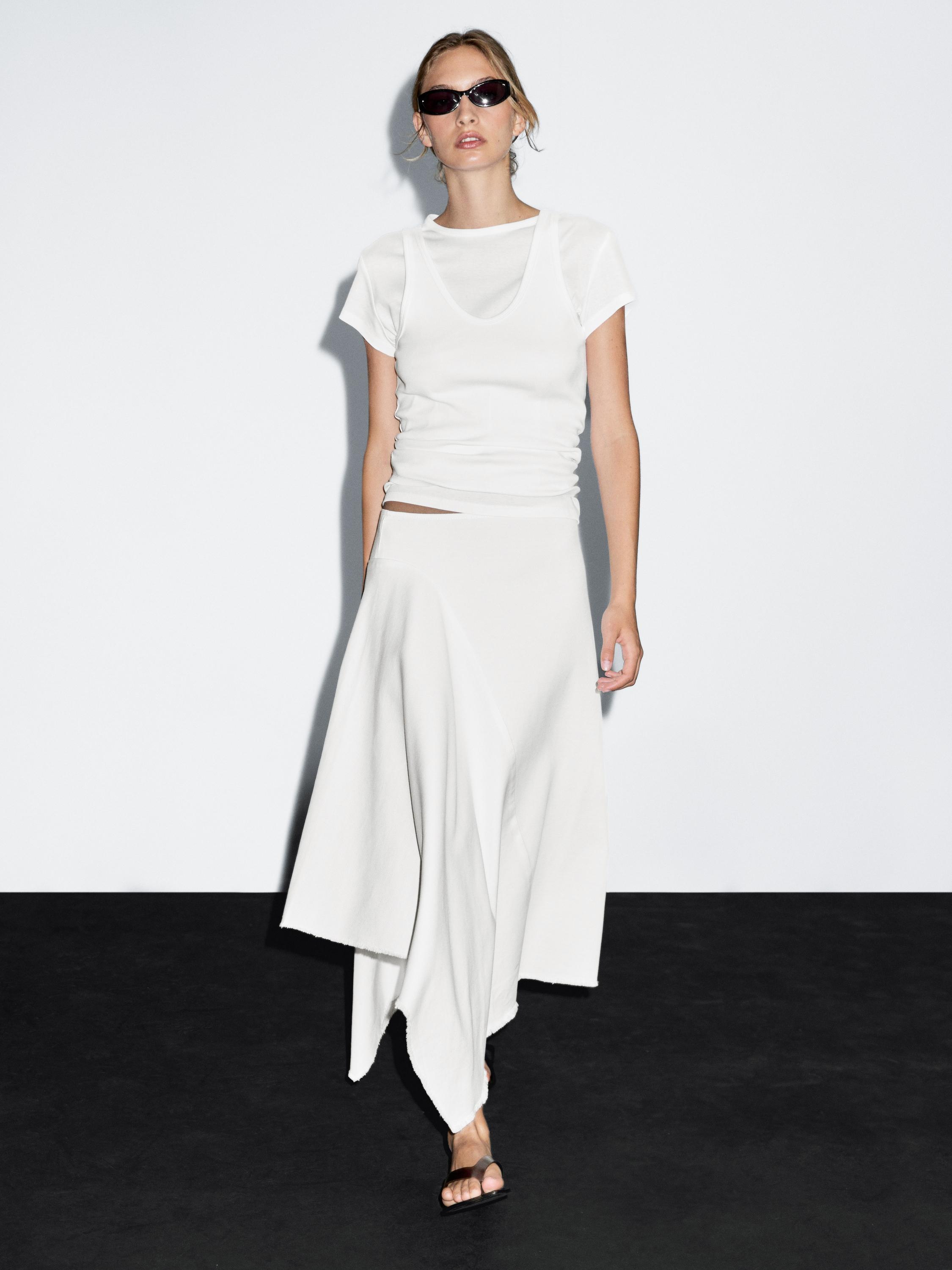 Asymmetric denim midi skirt