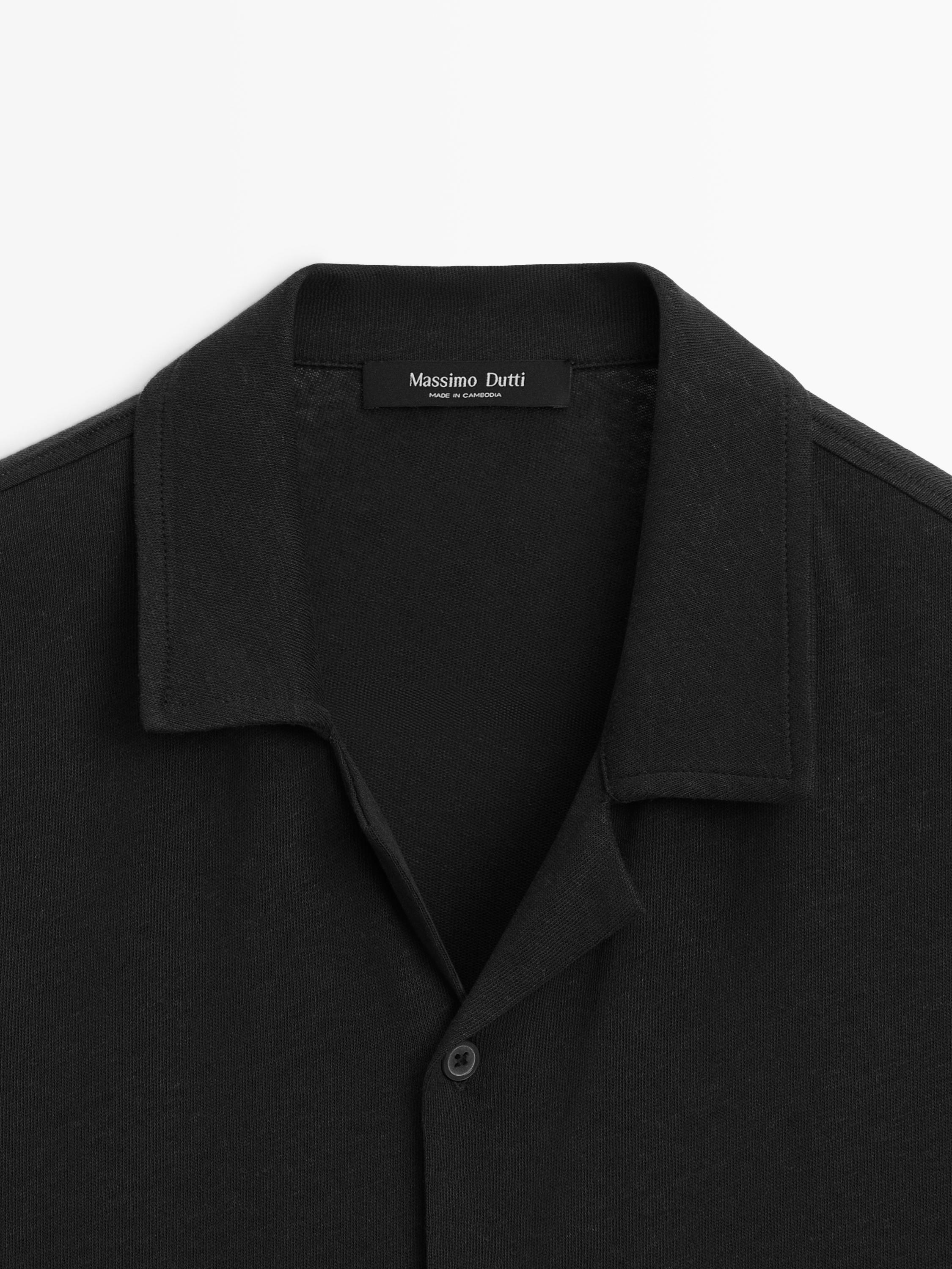 Regular fit short sleeve linen-cotton blend shirt — BLACK