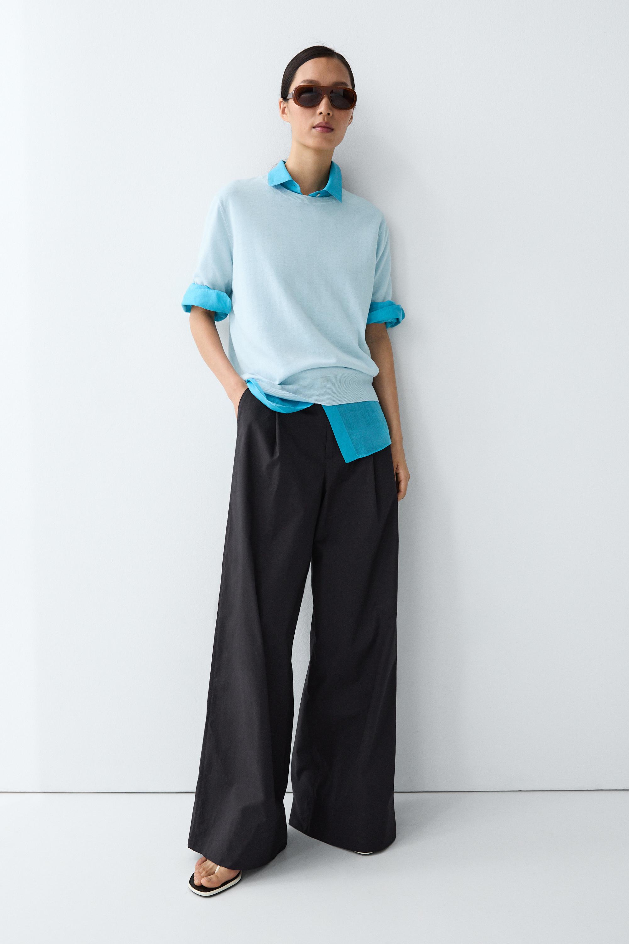 Short-sleeve fine-knit sweater - Light blue