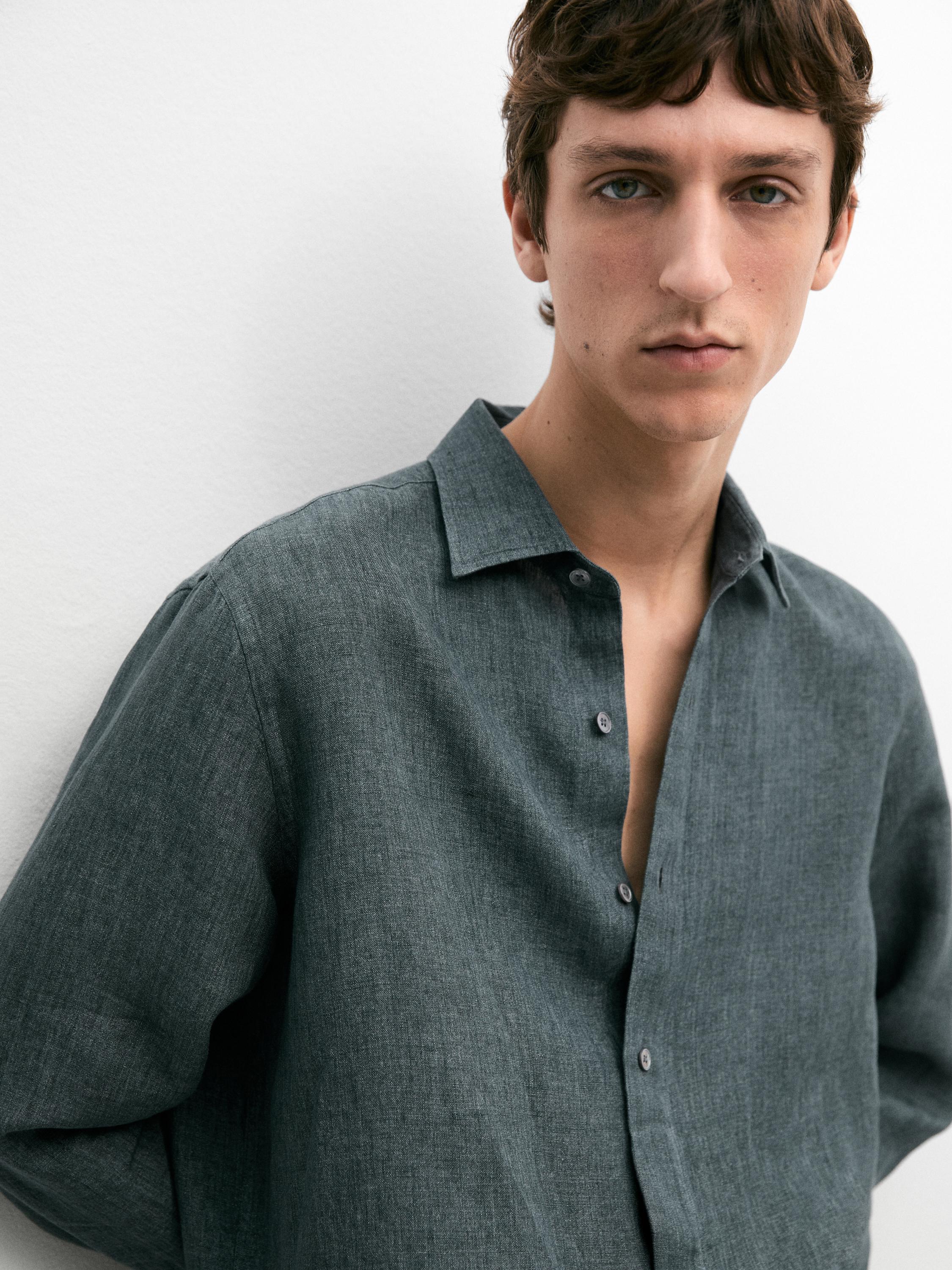 Regular fit linen shirt with placket — DARK BLUE