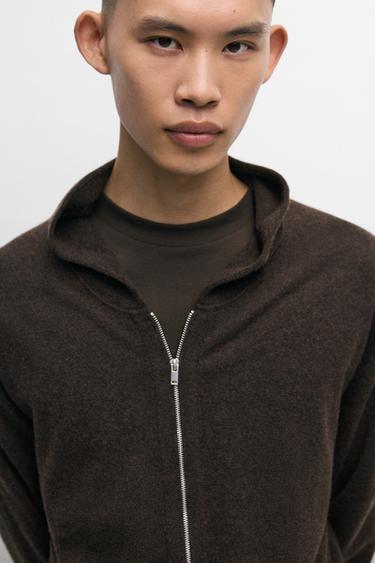 Wool-blend knit hooded cardigan — BROWN MARL 8