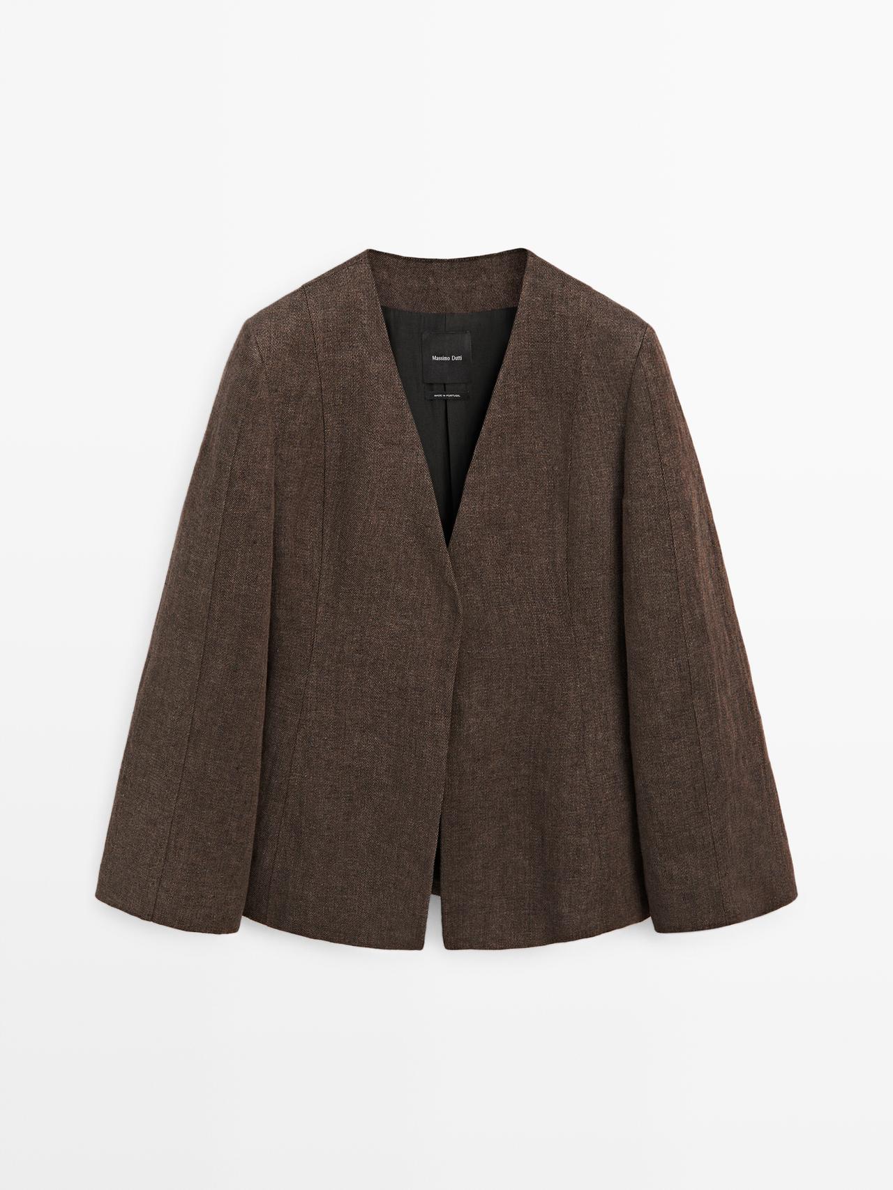 Massimo Dutti - Dames - 100% Linnen Blazer Zonder Revers - Bruin - 42