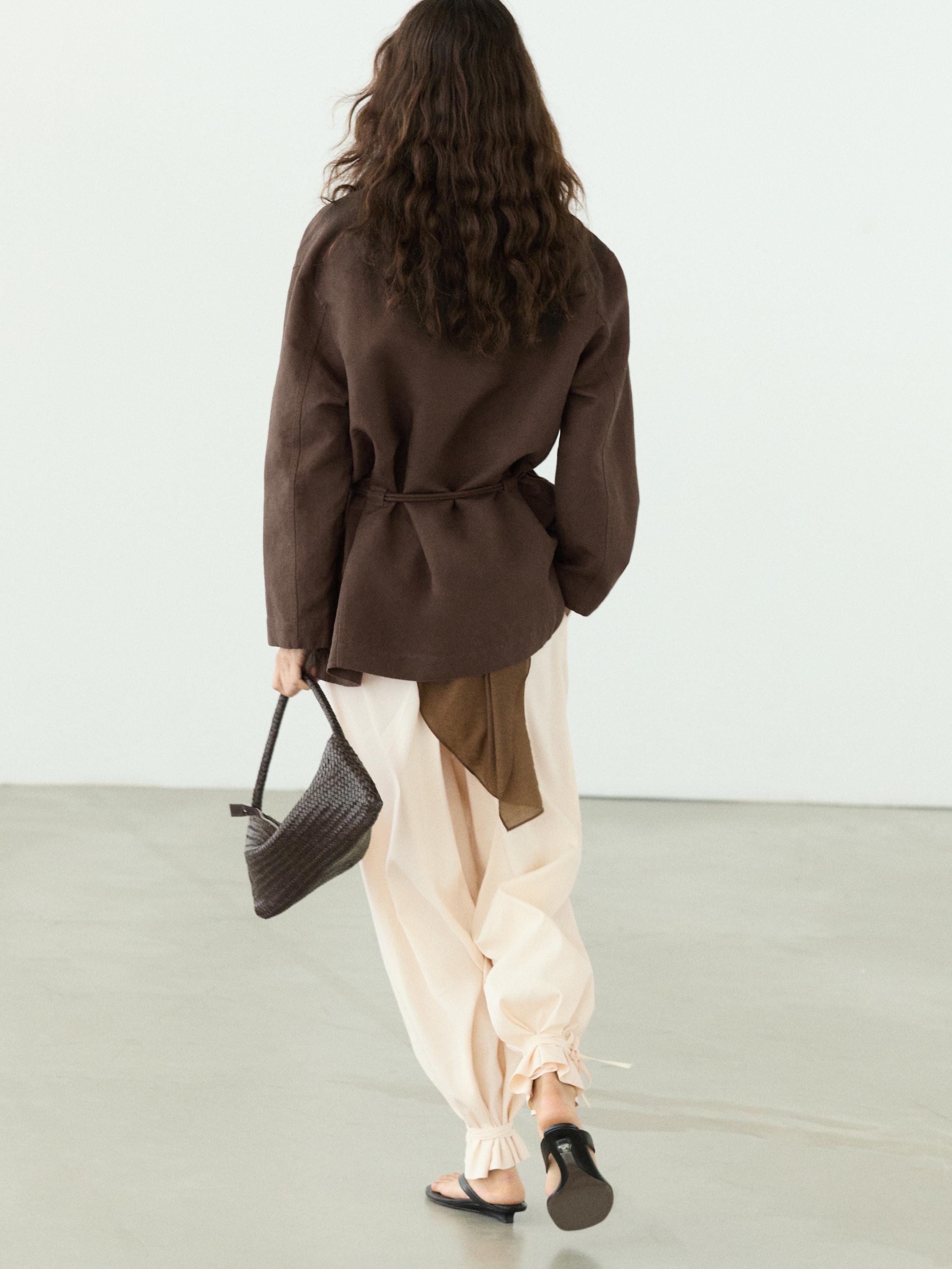 Linen blend kimono jacket with tie detail — Chocolate