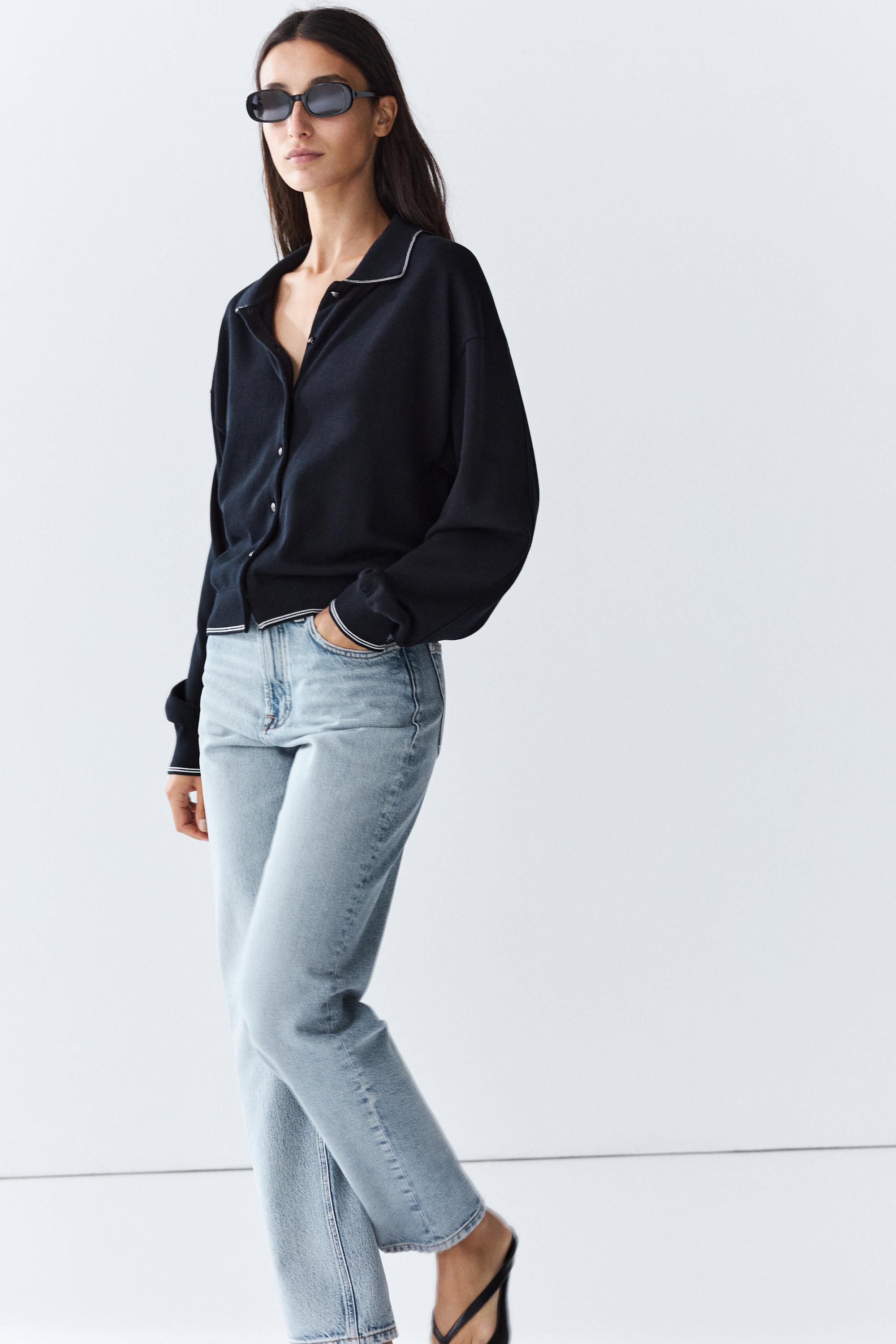 100% cotton contrast polo collar cardigan — NAVY BLUE