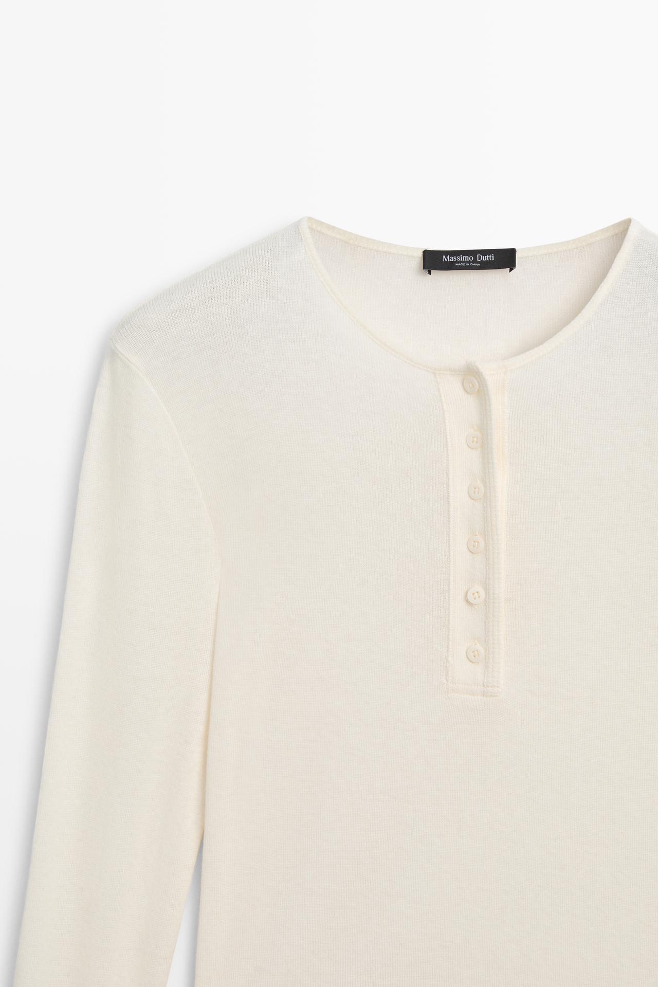 Long sleeve cotton blend henley — CREAM