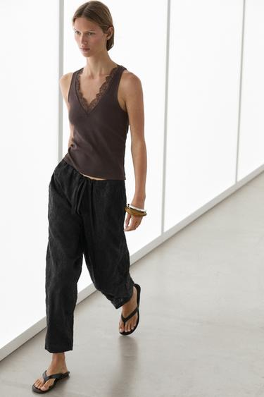 V-neck top with lace detail — BROWN 5