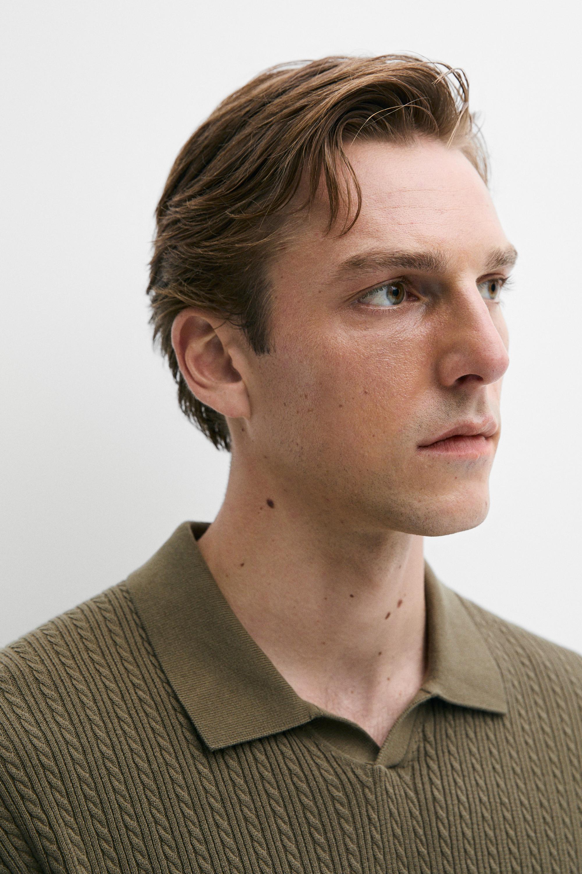 100% cotton cable-knit polo sweater — Green