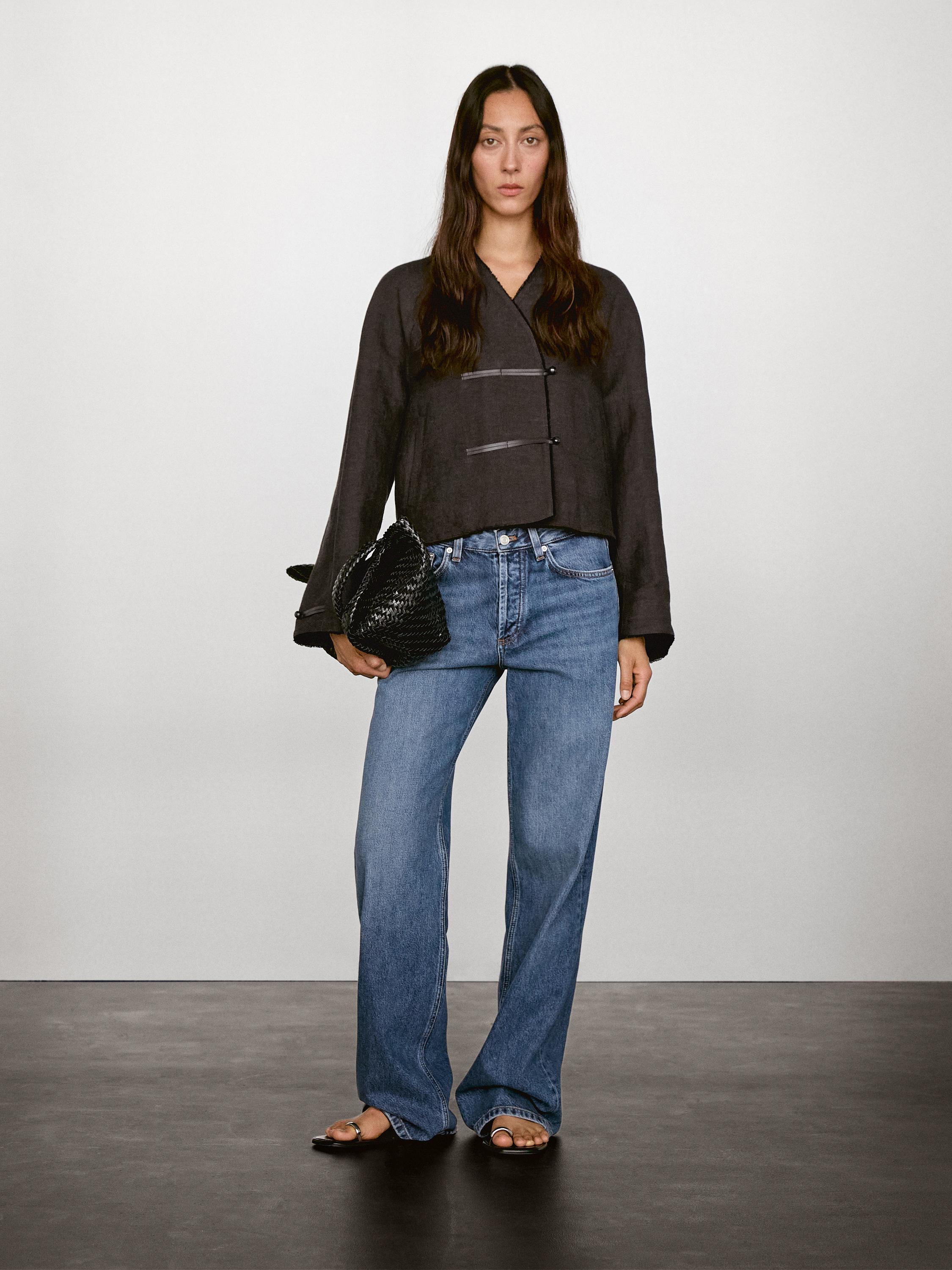 Linen blend jacket with leather fastening detail