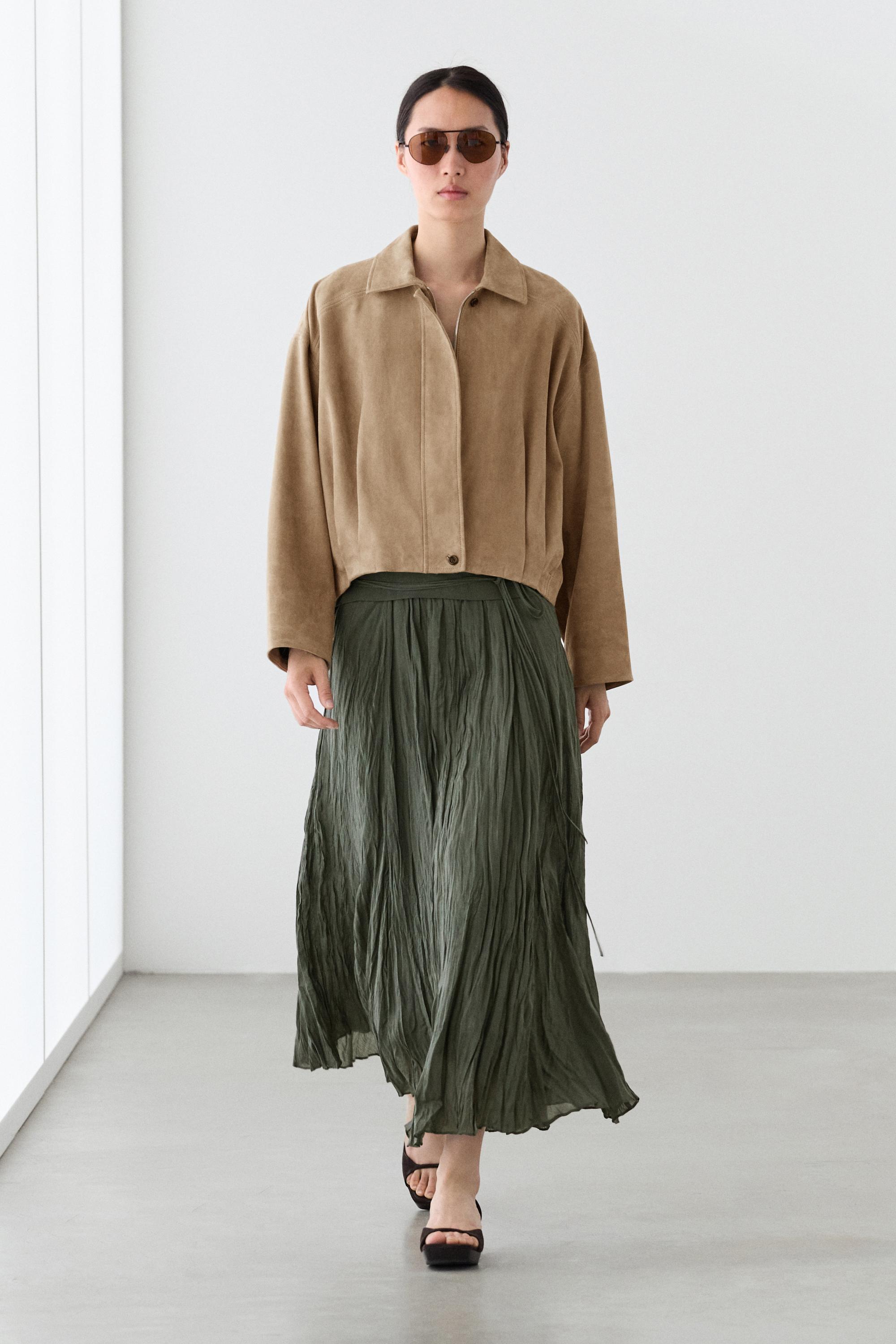 Pleated suede leather bomber jacket