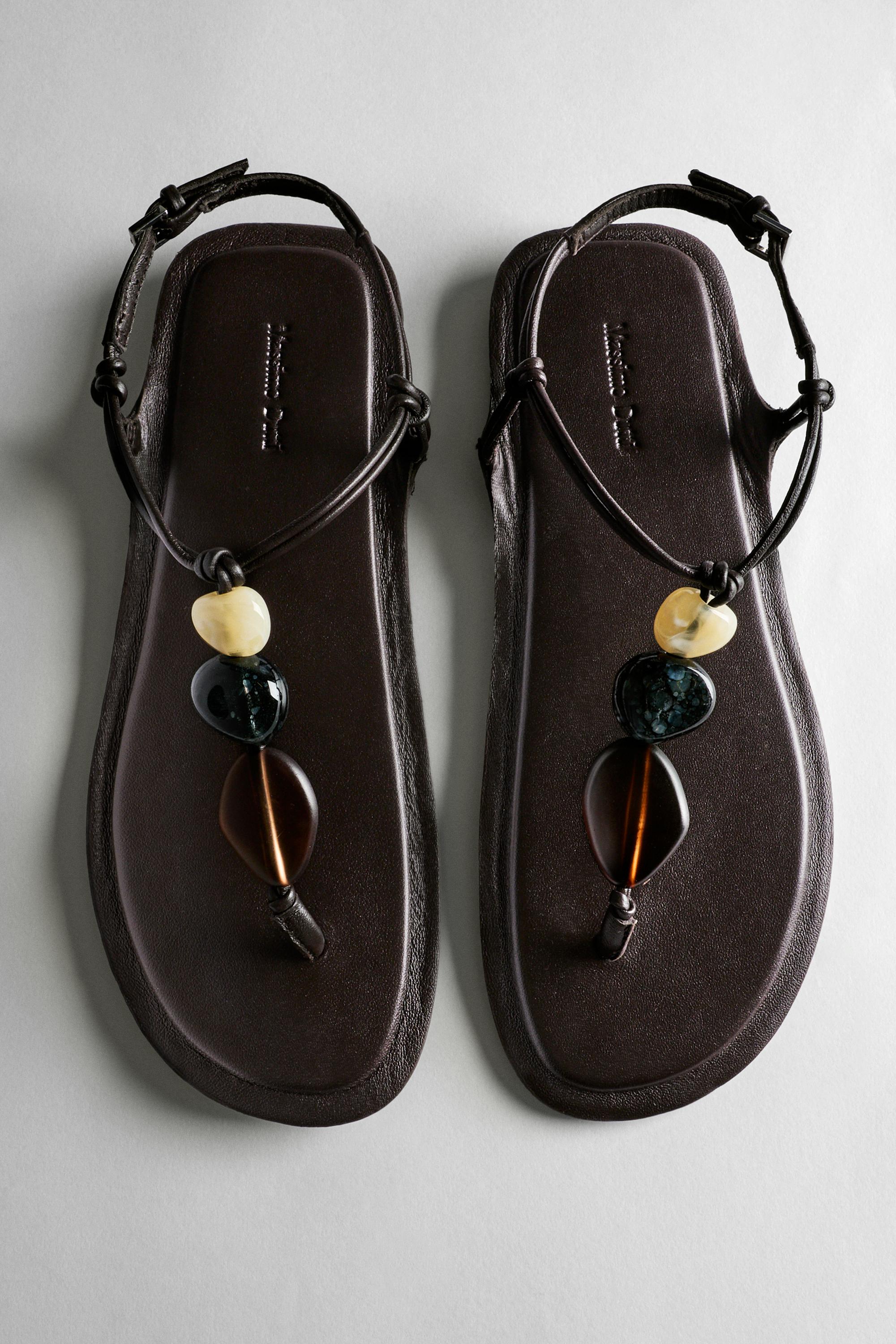 Flat slider sandals with stones — BROWN